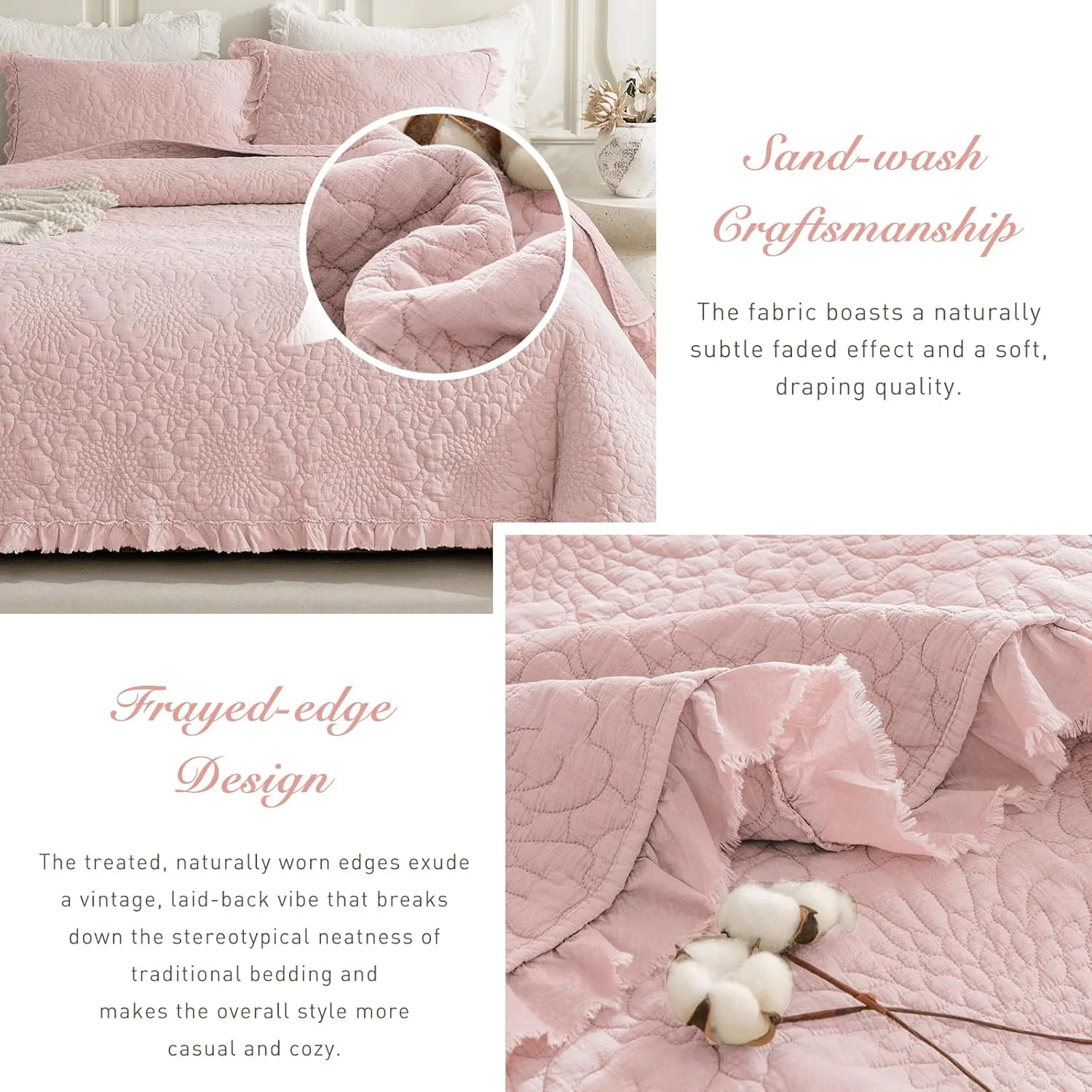 ست لحاف پنبه ای سنگ شور شده Sanracie سایز کینگ (279x248 سانتی متر)، ست روتختی چین دار صورتی روشن با طرح گلبرگ، طرح چروک، شیک و روستیک، ست روتختی لحافی 3 تکه مناسب تمام فصول ست لحاف پنبه ای سنگ شور شده Sanracie سایز کینگ (279x248 سانتی متر)، ست روتختی چین دار صورتی روشن با طرح گلبرگ، طرح چروک، شیک و روستیک، ست روتختی لحافی 3 تکه مناسب تمام فصول