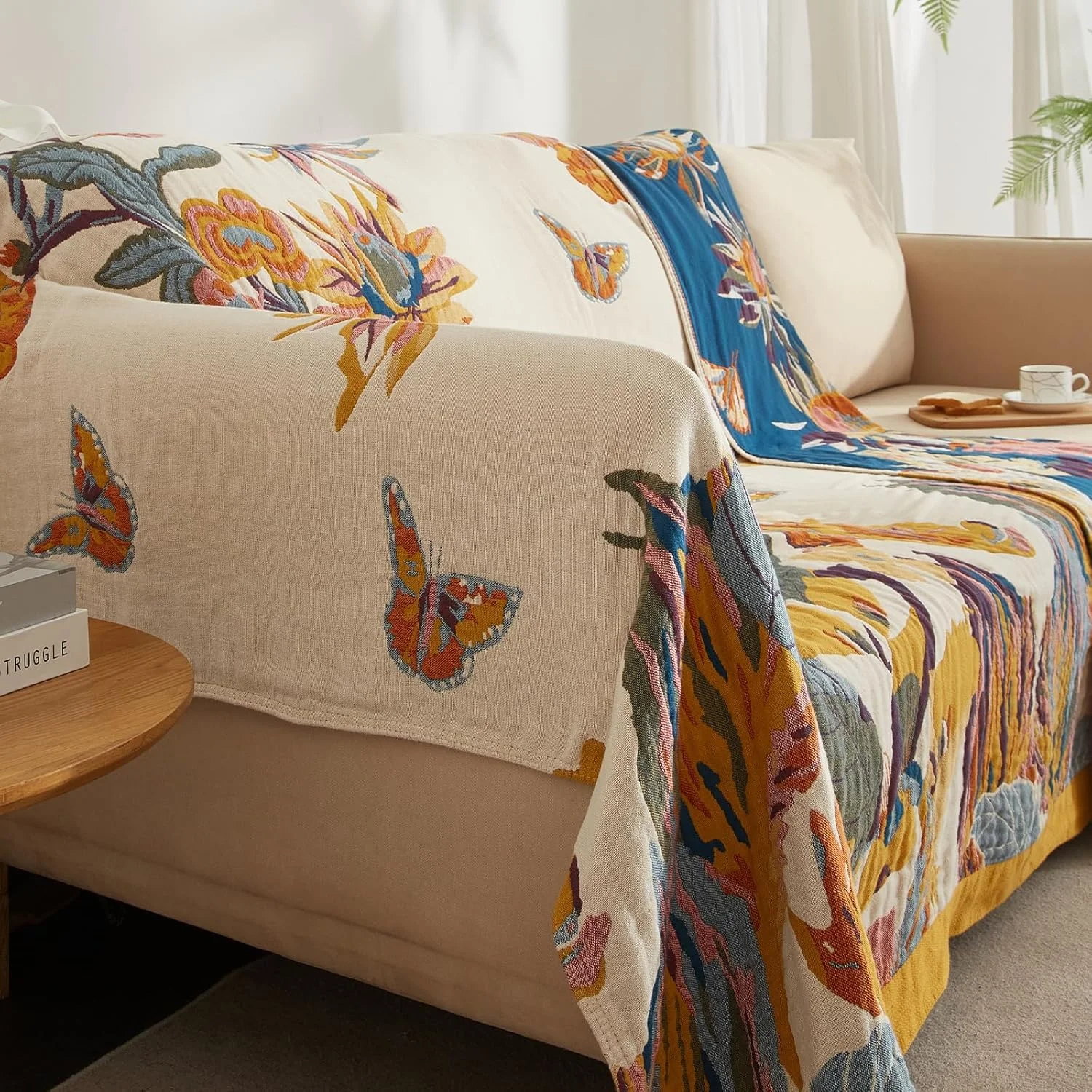 پتو بوهو SESoftexly 100% پنبه - روتختی بزرگ دو طرفه موسلین 230 x 250 سانتی متر، پتوی بغلی مبل و تخت، طراحی زیبا، ایده آل برای اتاق نشیمن و اتاق خواب، نارنجی/سبز