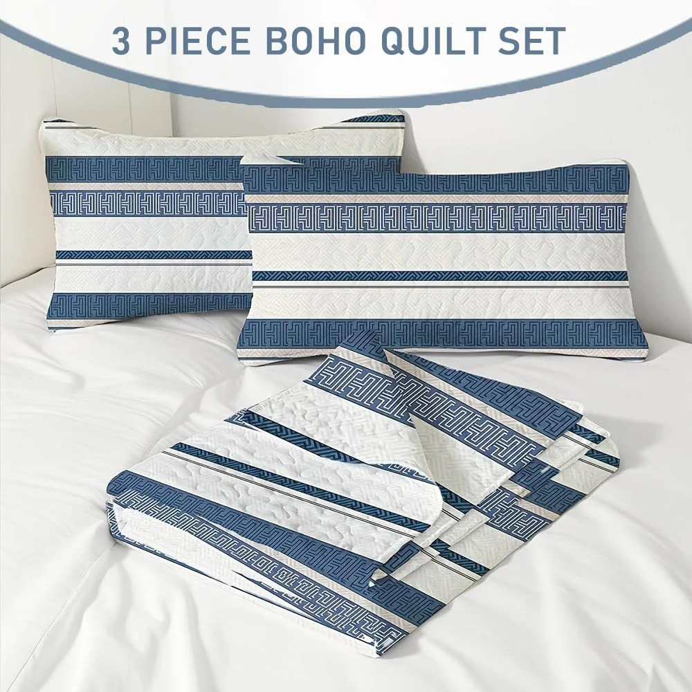 ست روتختی 3 تکه طرح راه راه بوهو SANOCAY، دو رو، نرم و سبک، مناسب تمام فصول (آبی، سایز کینگ 264x228 سانتی متر) به همراه 2 روبالشتی