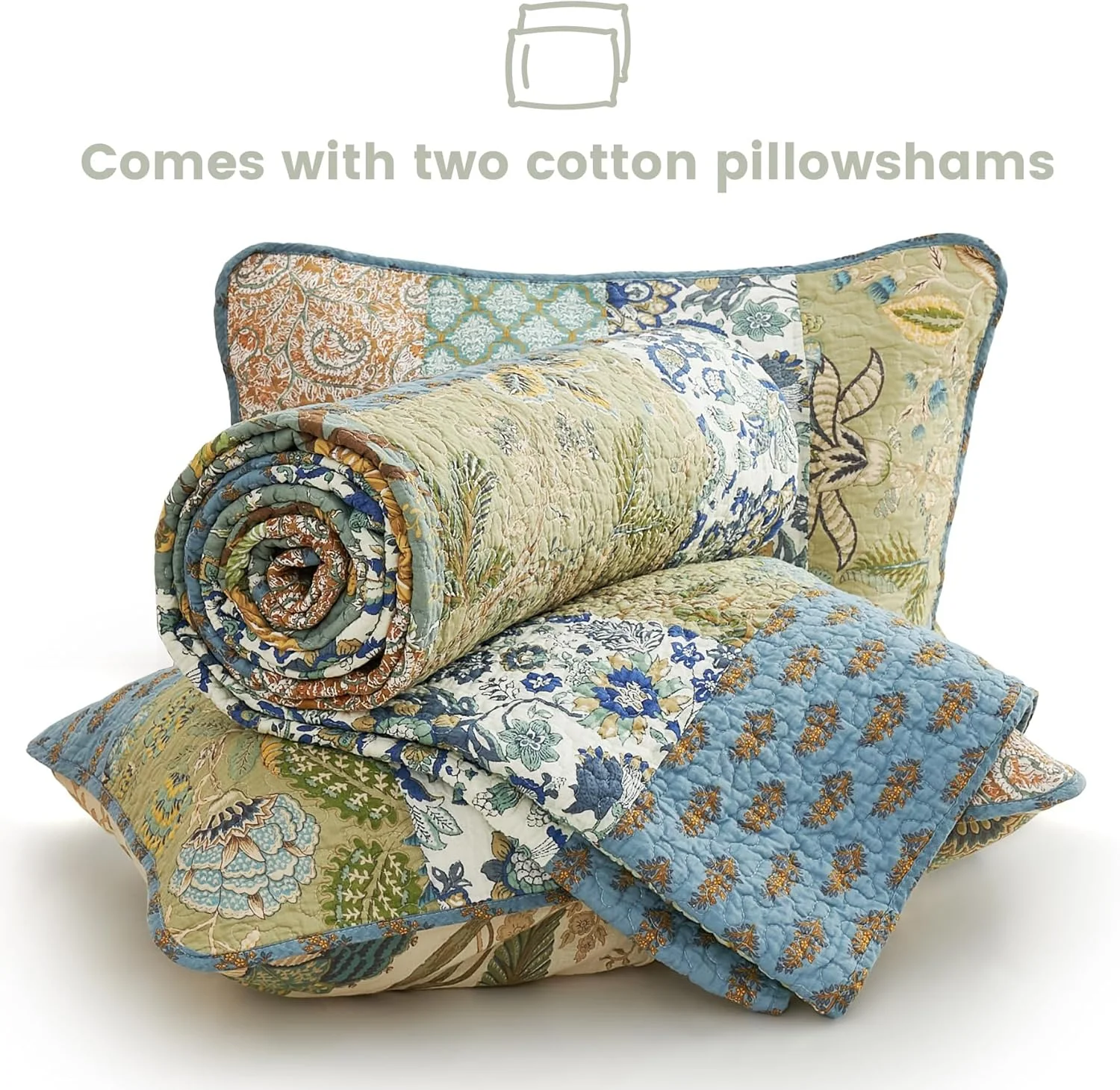 ست لحاف سایز کینگ Secgo - ست لحاف سایز کینگ 100% پنبه، سبز، رو تختی مریم گلی (248 * 269 سانتی متر) با 2 روبالشی، ست روتختی سبک وزن برگشت پذیر تکه دوزی شده، رو تختی مناسب تمام فصل ها