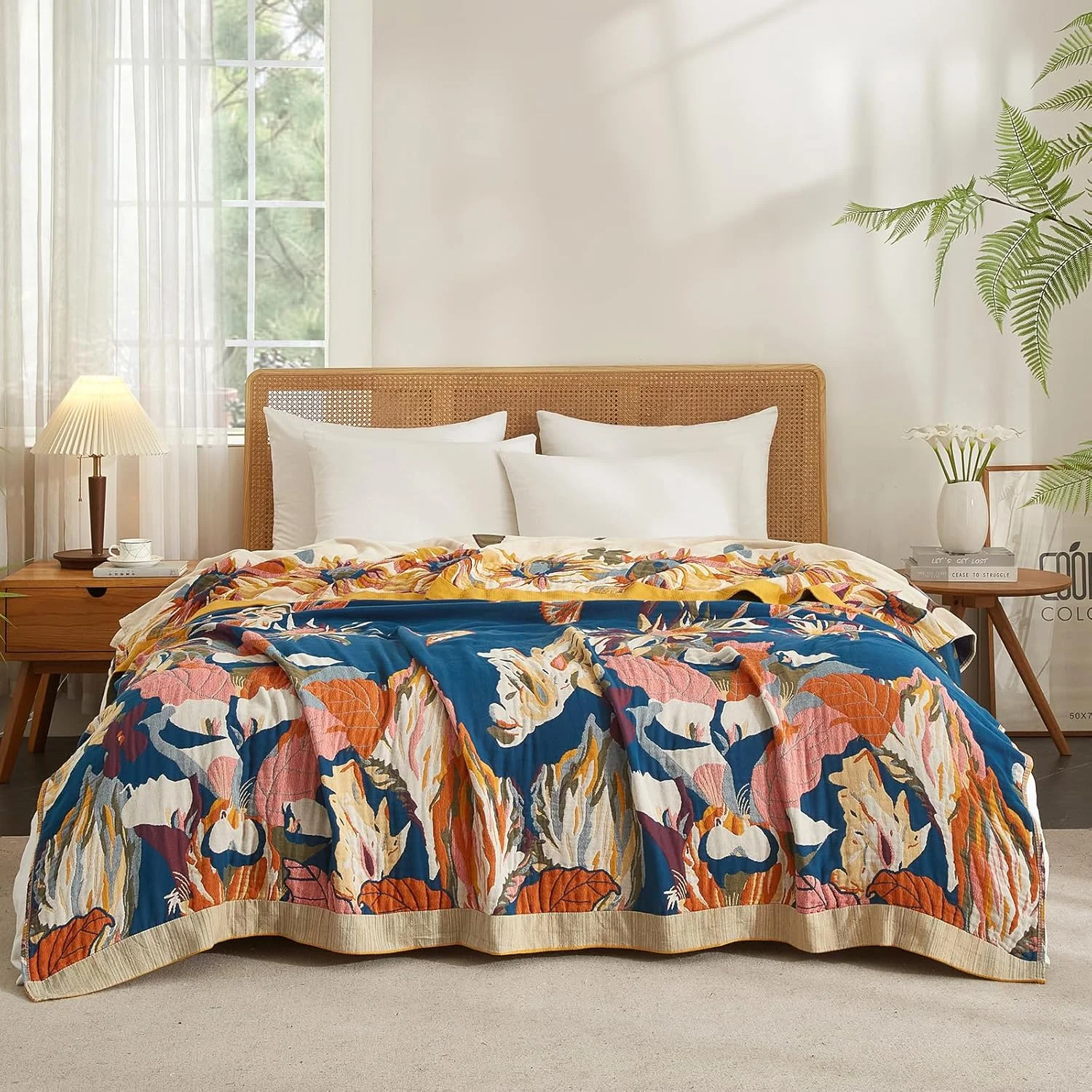 پتو بوهو SESoftexly 100% پنبه - روتختی بزرگ دو طرفه موسلین 230 x 250 سانتی متر، پتوی بغلی مبل و تخت، طراحی زیبا، ایده آل برای اتاق نشیمن و اتاق خواب، نارنجی/سبز