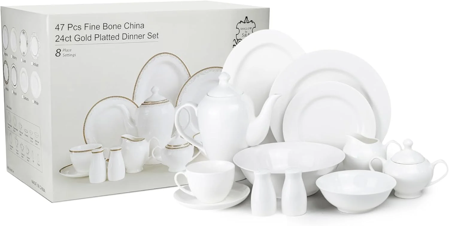 سرویس غذاخوری 47 پارچه چینی استخوانی Cuisine Art، ست سفید رنگ برای 8 نفر | شامل بشقاب غذاخوری، بشقاب دسر، فنجان چای، نعلبکی، کاسه، کاسه سالاد، دیس بیضی، قوری چای، قندان، خامه ریز، نمکدان و فلفلدان سرویس غذاخوری 47 پارچه چینی استخوانی Cuisine Art، ست سفید رنگ برای 8 نفر | شامل بشقاب غذاخوری، بشقاب دسر، فنجان چای، نعلبکی، کاسه، کاسه سالاد، دیس بیضی، قوری چای، قندان، خامه ریز، نمکدان و فلفلدان