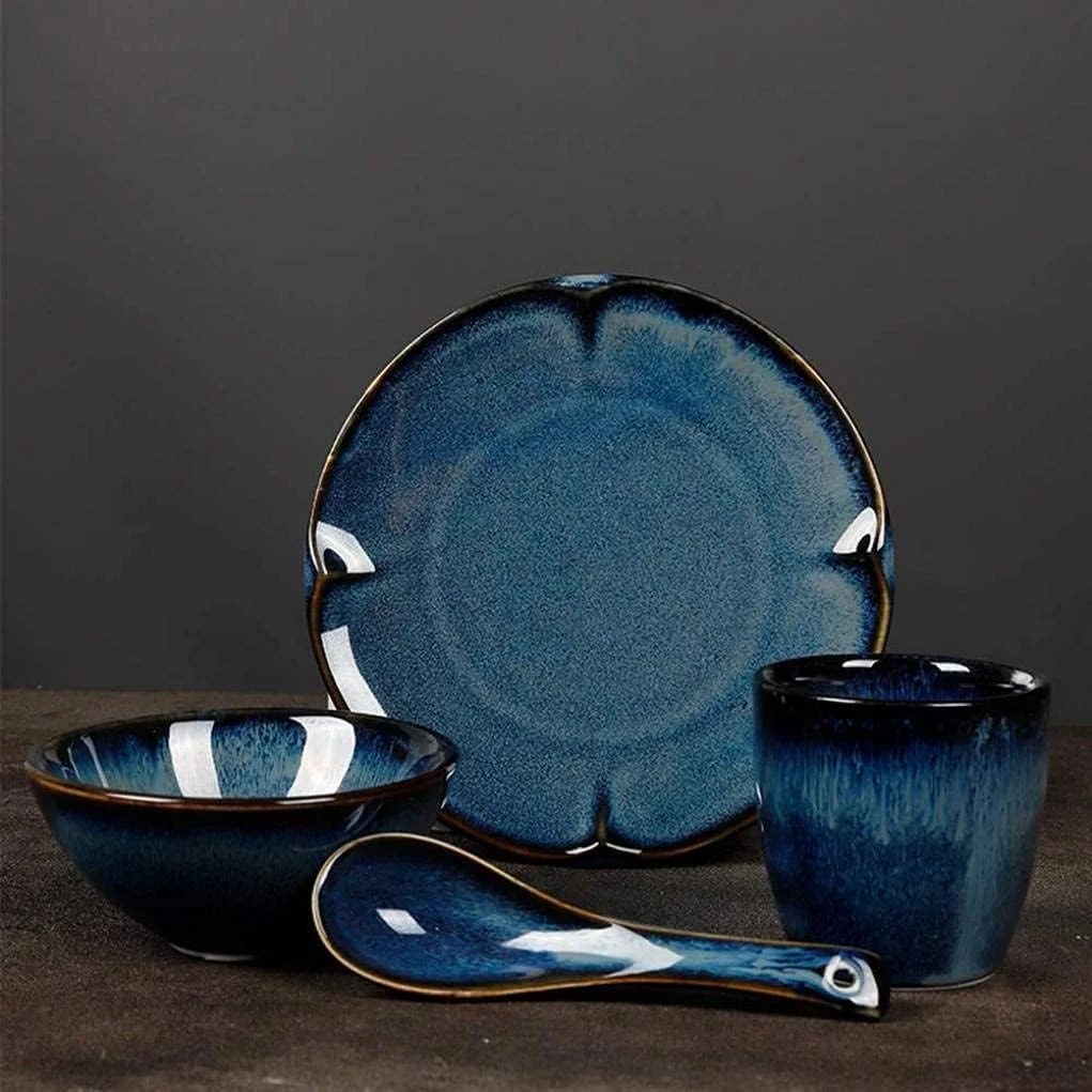 ست بشقاب و کاسه، ست غذاخوری 16 تکه ظروف غذاخوری چینی آبی رترو، کاسه سرامیکی، بشقاب، قاشق و لیوان برای 4 نفر، دکور شیک ست بشقاب و کاسه، ست غذاخوری 16 تکه ظروف غذاخوری چینی آبی رترو، کاسه سرامیکی، بشقاب، قاشق و لیوان برای 4 نفر، دکور شیک