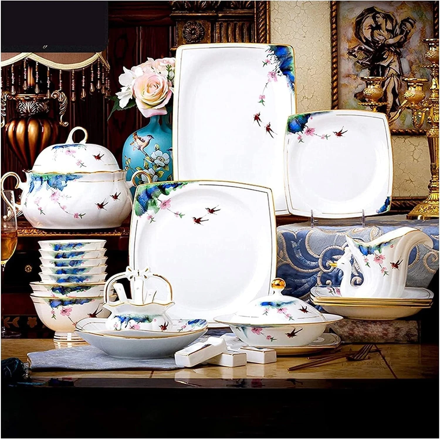 سرویس ظروف غذاخوری آشپزخانه، سرویس غذاخوری دکور خانواده، سرویس ظروف سرامیکی، ست ترکیبی قابلمه/بشقاب/کاسه سوپ | 50 تکه ظروف چینی استخوانی درجه یک سرویس ظروف غذاخوری آشپزخانه، سرویس غذاخوری دکور خانواده، سرویس ظروف سرامیکی، ست ترکیبی قابلمه/بشقاب/کاسه سوپ | 50 تکه ظروف چینی استخوانی درجه یک