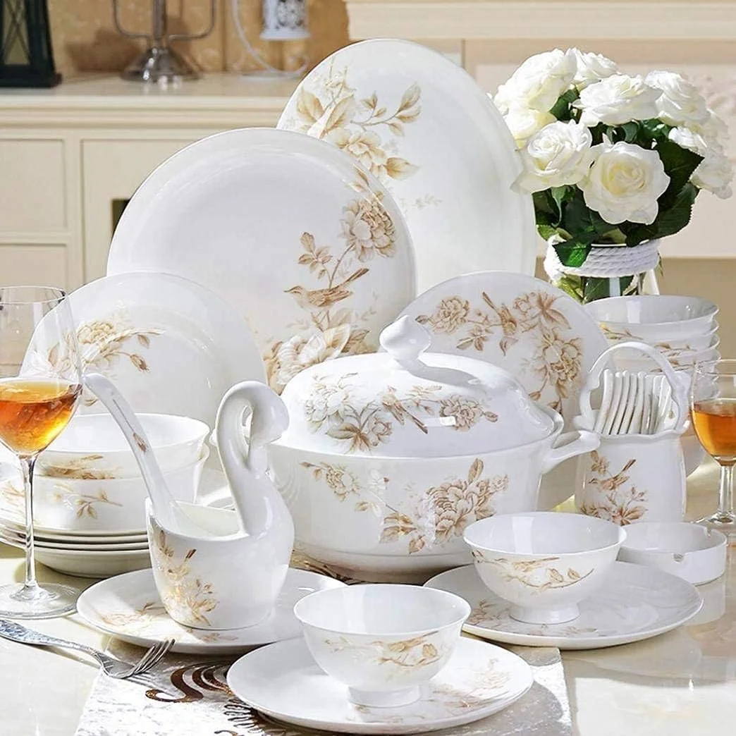 سرویس ظروف غذاخوری شیک 50 پارچه طرح گل بهاری، سرویس ظروف سرامیکی، بشقاب چینی استخوانی، کاسه، ترکیب ظروف چینی سرویس ظروف غذاخوری شیک 50 پارچه طرح گل بهاری، سرویس ظروف سرامیکی، بشقاب چینی استخوانی، کاسه، ترکیب ظروف چینی