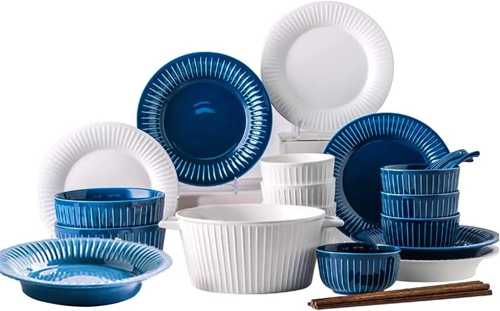 سرویس غذاخوری 26 پارچه برای 5 نفر، سرویس ظروف سرامیکی، سرویس ظروف به سبک فرانسوی، ست بشقاب و کاسه راه راه آبی سفید، مجموعه کامل ترکیبی چینی سرویس غذاخوری 26 پارچه برای 5 نفر، سرویس ظروف سرامیکی، سرویس ظروف به سبک فرانسوی، ست بشقاب و کاسه راه راه آبی سفید، مجموعه کامل ترکیبی چینی