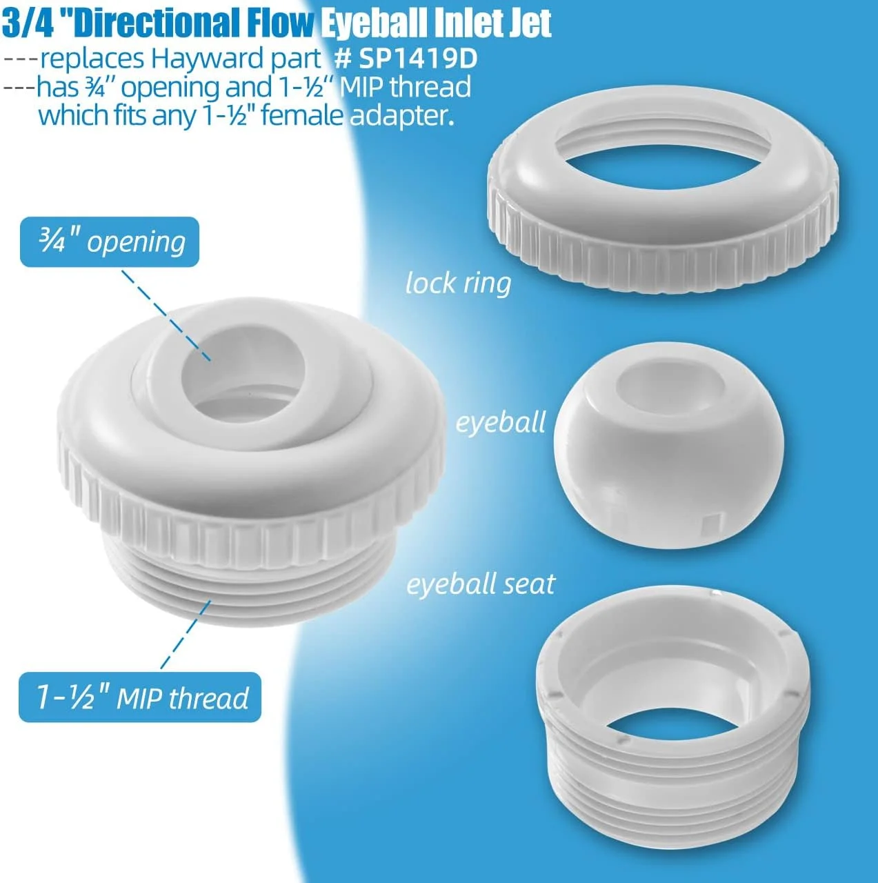 نازل جت استخر، جت ورودی چشمی جریان جهت دار 3/4 اینچ با رزوه 1-1/2 اینچ MIP برای Hayward SP1419D، اتصالات برگشتی ورودی 1-1/2 اینچ FIP با مهره قفلی و واشر برای Hayward SP1023 (بسته 2 عددی)