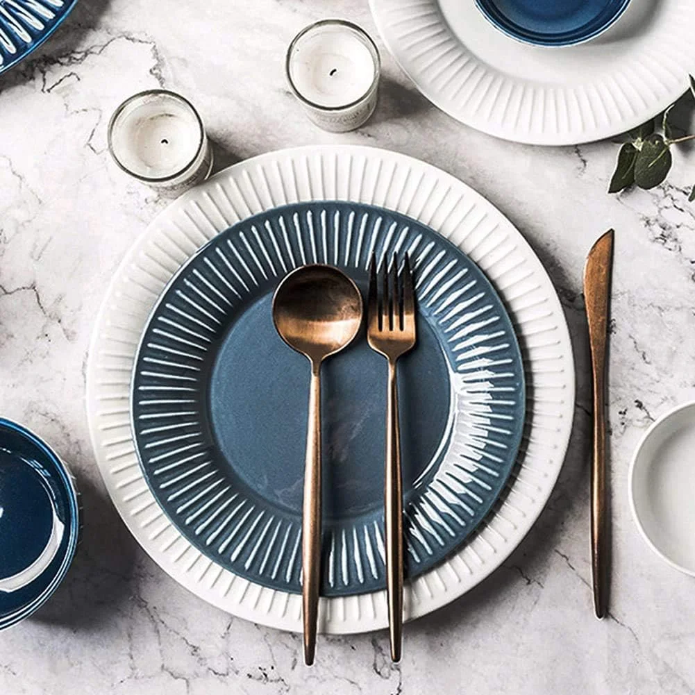 سرویس غذاخوری 26 پارچه برای 5 نفر، سرویس ظروف سرامیکی، سرویس ظروف به سبک فرانسوی، ست بشقاب و کاسه راه راه آبی سفید، مجموعه کامل ترکیبی چینی سرویس غذاخوری 26 پارچه برای 5 نفر، سرویس ظروف سرامیکی، سرویس ظروف به سبک فرانسوی، ست بشقاب و کاسه راه راه آبی سفید، مجموعه کامل ترکیبی چینی