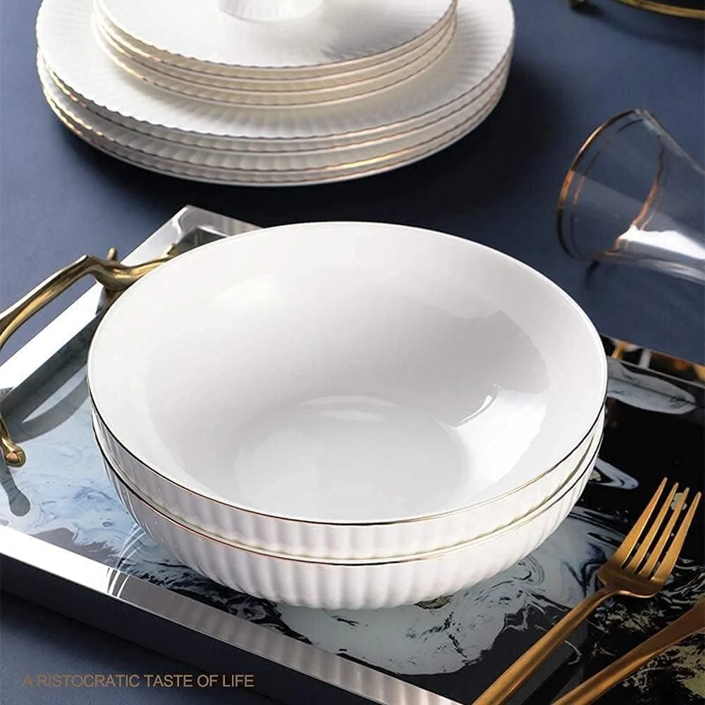 ست ظروف غذاخوری روکش طلایی 62 پارچه، شامل بشقاب غذاخوری، کاسه سالاد، قاشق، ظروف لوکس چینی استخوانی ست ظروف غذاخوری روکش طلایی 62 پارچه، شامل بشقاب غذاخوری، کاسه سالاد، قاشق، ظروف لوکس چینی استخوانی