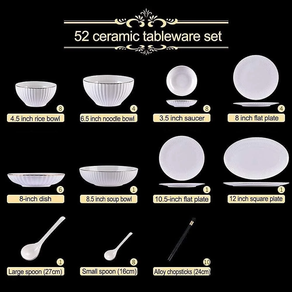 ست ظروف غذاخوری روکش طلایی 62 پارچه، شامل بشقاب غذاخوری، کاسه سالاد، قاشق، ظروف لوکس چینی استخوانی ست ظروف غذاخوری روکش طلایی 62 پارچه، شامل بشقاب غذاخوری، کاسه سالاد، قاشق، ظروف لوکس چینی استخوانی