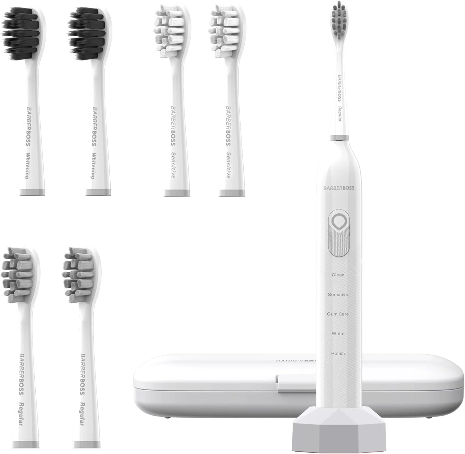 مسواک برقی صوتی قابل شارژ BarberBoss برای بزرگسالان، 5 حالت تمیز کردن، مسواک برقی، سنسور فشار، 6 سر برس، باتری 60 روزه، تایمر هوشمند و کیف مسافرتی مسواک برقی صوتی قابل شارژ BarberBoss برای بزرگسالان، 5 حالت تمیز کردن، مسواک برقی، سنسور فشار، 6 سر برس، باتری 60 روزه، تایمر هوشمند و کیف مسافرتی