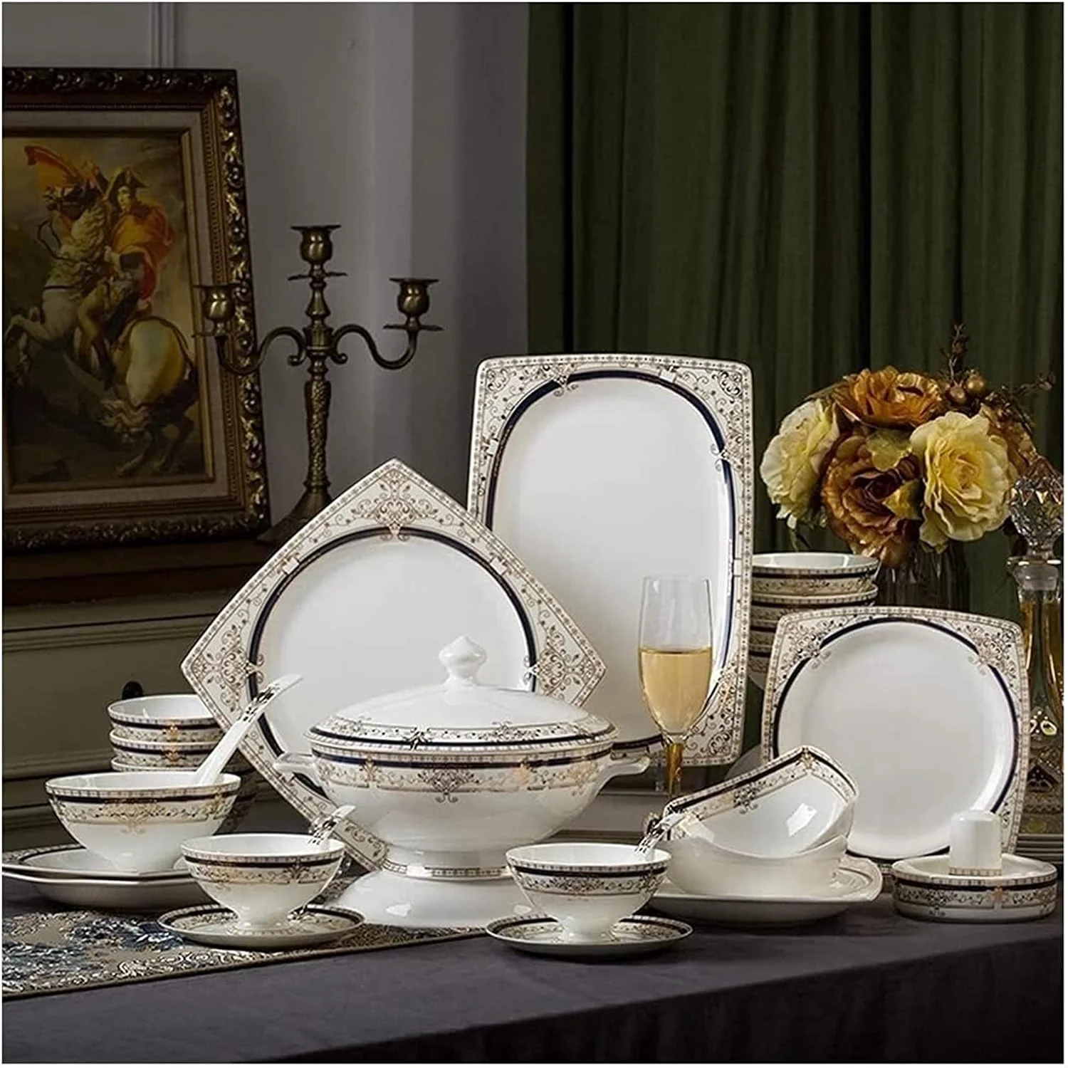 سرویس ظروف غذاخوری 48 پارچه سرامیکی، شامل کاسه/بشقاب/قابلمه سوپ/قاشق | سرویس غذاخوری، سبک نوردیک با حاشیه طلایی از جنس چینی سرویس ظروف غذاخوری 48 پارچه سرامیکی، شامل کاسه/بشقاب/قابلمه سوپ/قاشق | سرویس غذاخوری، سبک نوردیک با حاشیه طلایی از جنس چینی