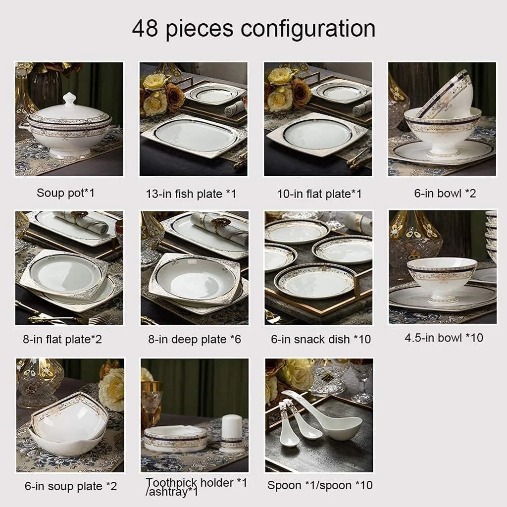 سرویس ظروف غذاخوری 48 پارچه سرامیکی، شامل کاسه/بشقاب/قابلمه سوپ/قاشق | سرویس غذاخوری، سبک نوردیک با حاشیه طلایی از جنس چینی سرویس ظروف غذاخوری 48 پارچه سرامیکی، شامل کاسه/بشقاب/قابلمه سوپ/قاشق | سرویس غذاخوری، سبک نوردیک با حاشیه طلایی از جنس چینی