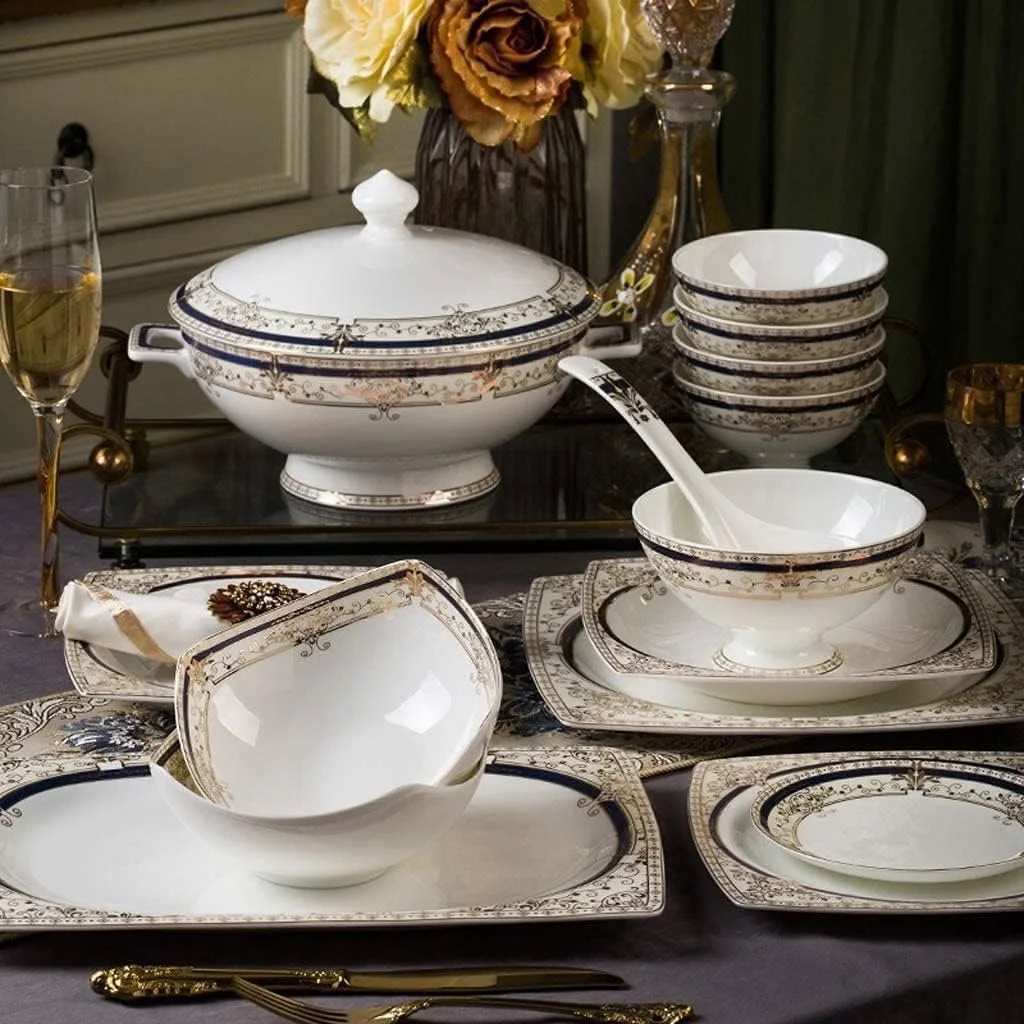 سرویس ظروف غذاخوری 48 پارچه سرامیکی، شامل کاسه/بشقاب/قابلمه سوپ/قاشق | سرویس غذاخوری، سبک نوردیک با حاشیه طلایی از جنس چینی سرویس ظروف غذاخوری 48 پارچه سرامیکی، شامل کاسه/بشقاب/قابلمه سوپ/قاشق | سرویس غذاخوری، سبک نوردیک با حاشیه طلایی از جنس چینی