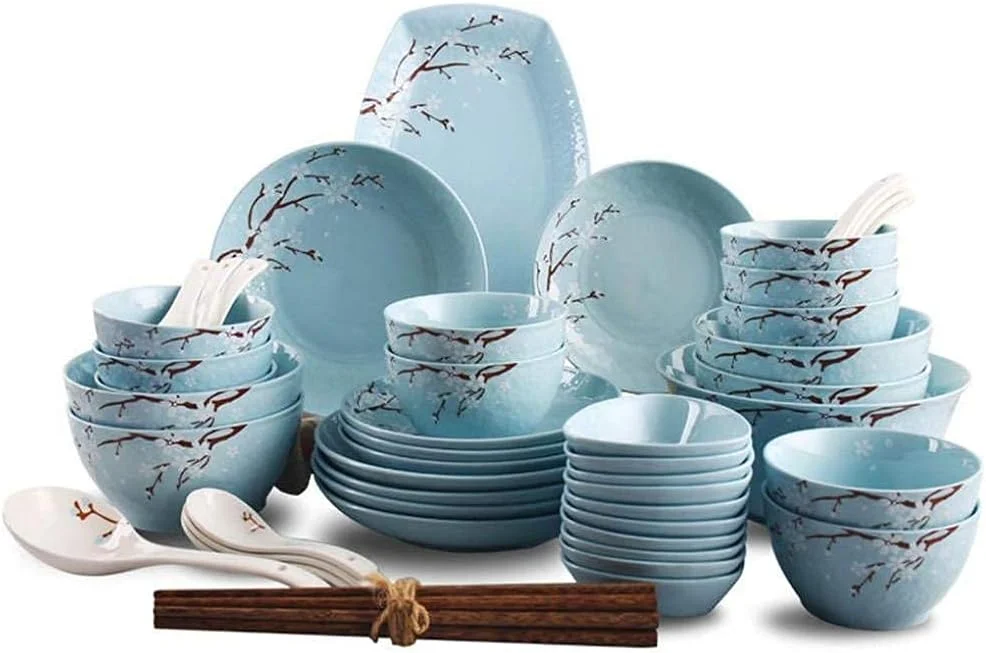 ظروف سفالی شیک، ست ظروف غذاخوری با طرح گیاهان و گل های آبی رنگ آمیزی شده با دست، ست ترکیبی 36 تکه چینی برای 6 نفر ظروف سفالی شیک، ست ظروف غذاخوری با طرح گیاهان و گل های آبی رنگ آمیزی شده با دست، ست ترکیبی 36 تکه چینی برای 6 نفر