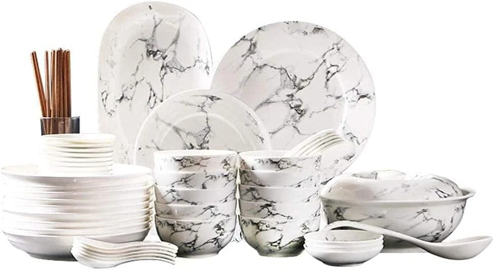 ست ظروف غذاخوری شیک، ست 44 تکه ظروف سنگی مرمر خاکستری سفید، ست ظروف غذاخوری ترکیبی از جنس سرامیک، بشقاب، قاشق و قابلمه ست ظروف غذاخوری شیک، ست 44 تکه ظروف سنگی مرمر خاکستری سفید، ست ظروف غذاخوری ترکیبی از جنس سرامیک، بشقاب، قاشق و قابلمه