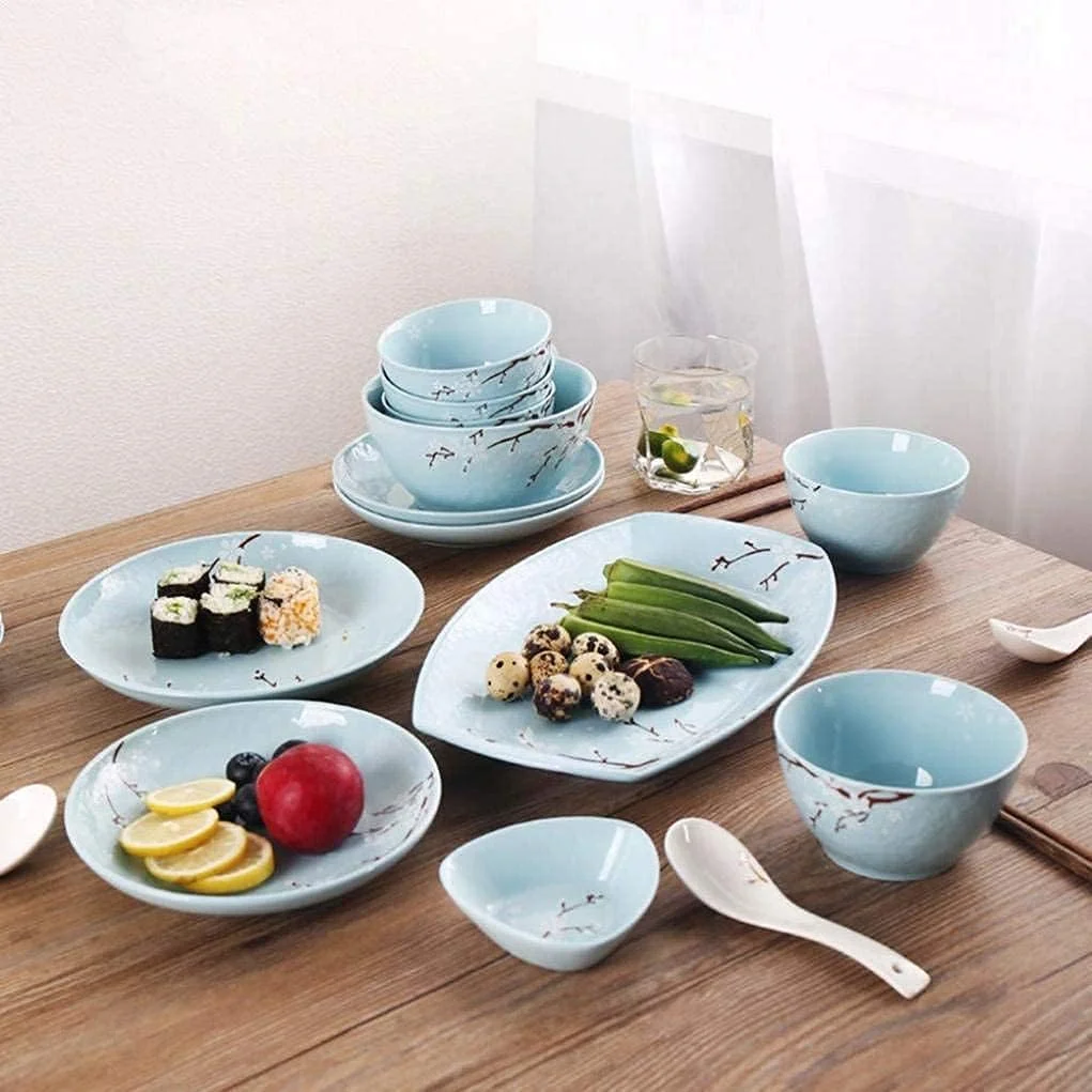 ظروف سفالی شیک، ست ظروف غذاخوری با طرح گیاهان و گل های آبی رنگ آمیزی شده با دست، ست ترکیبی 36 تکه چینی برای 6 نفر ظروف سفالی شیک، ست ظروف غذاخوری با طرح گیاهان و گل های آبی رنگ آمیزی شده با دست، ست ترکیبی 36 تکه چینی برای 6 نفر