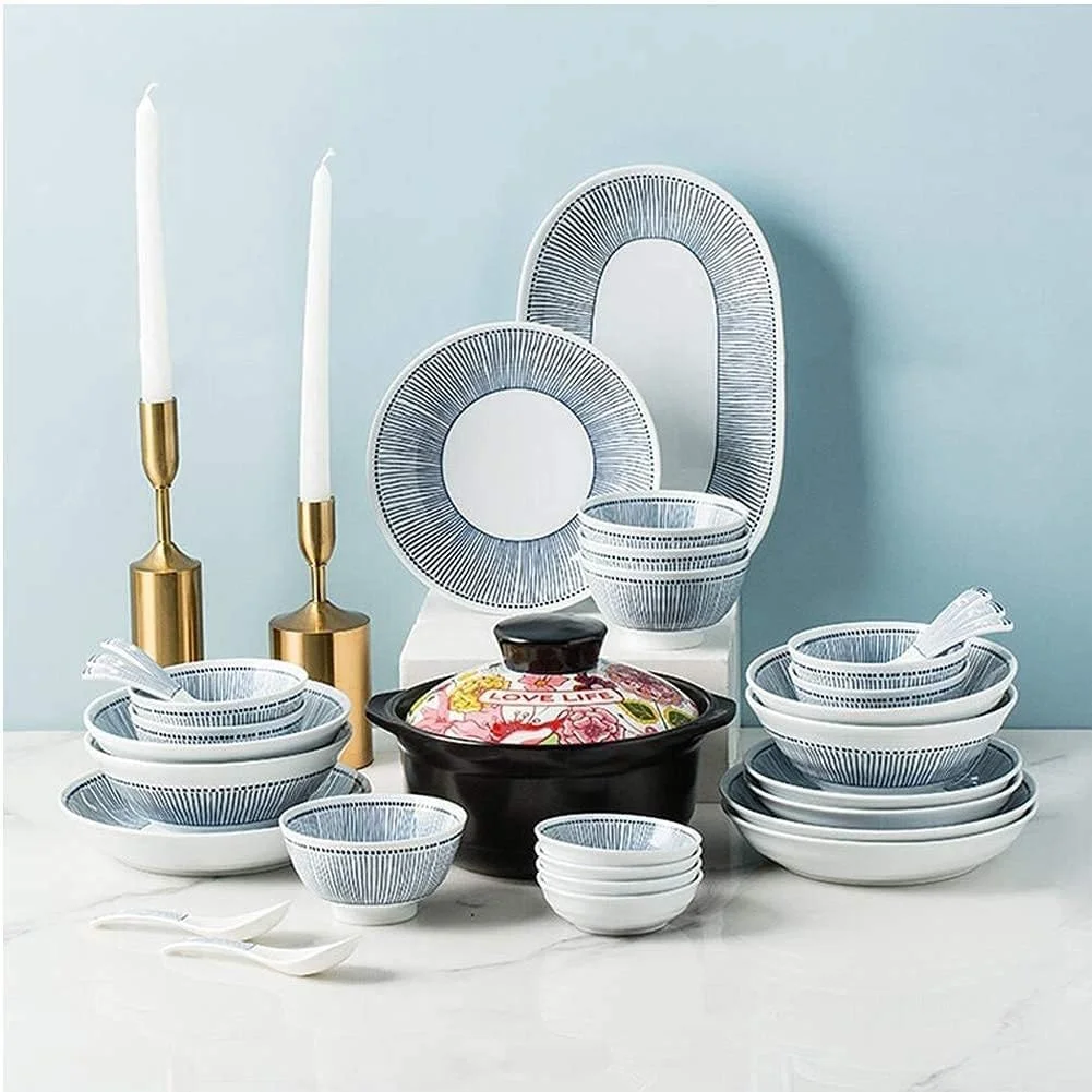 ست ظروف غذاخوری شیک و ظریف، ست ظروف چینی سفید با خطوط راه راه آبی، ست بشقاب و کاسه سرامیکی، ست ظروف منحصر به فرد برای مهمانی ها یا استفاده روزمره، سرویس ست ظروف غذاخوری شیک و ظریف، ست ظروف چینی سفید با خطوط راه راه آبی، ست بشقاب و کاسه سرامیکی، ست ظروف منحصر به فرد برای مهمانی ها یا استفاده روزمره، سرویس