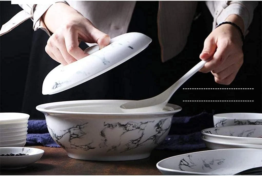 ست ظروف غذاخوری شیک، ست 44 تکه ظروف سنگی مرمر خاکستری سفید، ست ظروف غذاخوری ترکیبی از جنس سرامیک، بشقاب، قاشق و قابلمه ست ظروف غذاخوری شیک، ست 44 تکه ظروف سنگی مرمر خاکستری سفید، ست ظروف غذاخوری ترکیبی از جنس سرامیک، بشقاب، قاشق و قابلمه