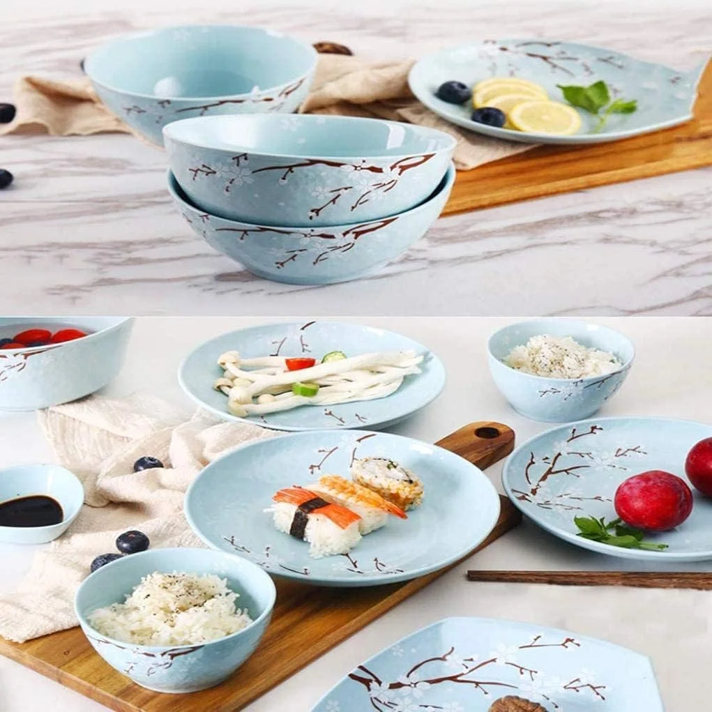 ظروف سفالی شیک، ست ظروف غذاخوری با طرح گیاهان و گل های آبی رنگ آمیزی شده با دست، ست ترکیبی 36 تکه چینی برای 6 نفر ظروف سفالی شیک، ست ظروف غذاخوری با طرح گیاهان و گل های آبی رنگ آمیزی شده با دست، ست ترکیبی 36 تکه چینی برای 6 نفر