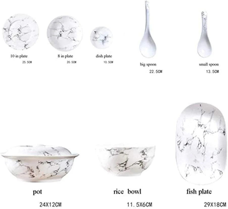 ست ظروف غذاخوری شیک، ست 44 تکه ظروف سنگی مرمر خاکستری سفید، ست ظروف غذاخوری ترکیبی از جنس سرامیک، بشقاب، قاشق و قابلمه ست ظروف غذاخوری شیک، ست 44 تکه ظروف سنگی مرمر خاکستری سفید، ست ظروف غذاخوری ترکیبی از جنس سرامیک، بشقاب، قاشق و قابلمه