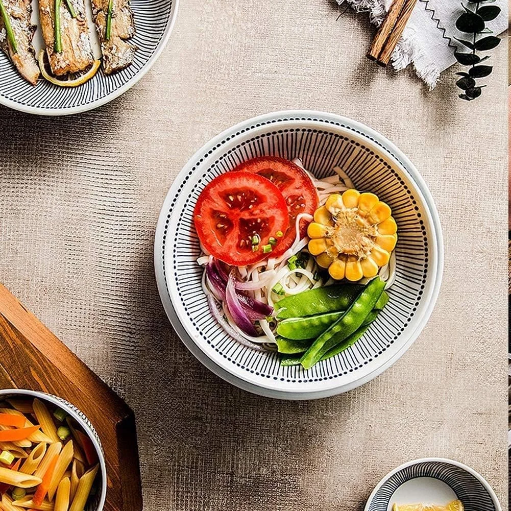 ست ظروف غذاخوری شیک و ظریف، ست ظروف چینی سفید با خطوط راه راه آبی، ست بشقاب و کاسه سرامیکی، ست ظروف منحصر به فرد برای مهمانی ها یا استفاده روزمره، سرویس ست ظروف غذاخوری شیک و ظریف، ست ظروف چینی سفید با خطوط راه راه آبی، ست بشقاب و کاسه سرامیکی، ست ظروف منحصر به فرد برای مهمانی ها یا استفاده روزمره، سرویس