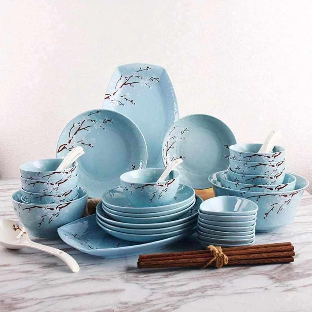 ظروف سفالی شیک، ست ظروف غذاخوری با طرح گیاهان و گل های آبی رنگ آمیزی شده با دست، ست ترکیبی 36 تکه چینی برای 6 نفر ظروف سفالی شیک، ست ظروف غذاخوری با طرح گیاهان و گل های آبی رنگ آمیزی شده با دست، ست ترکیبی 36 تکه چینی برای 6 نفر