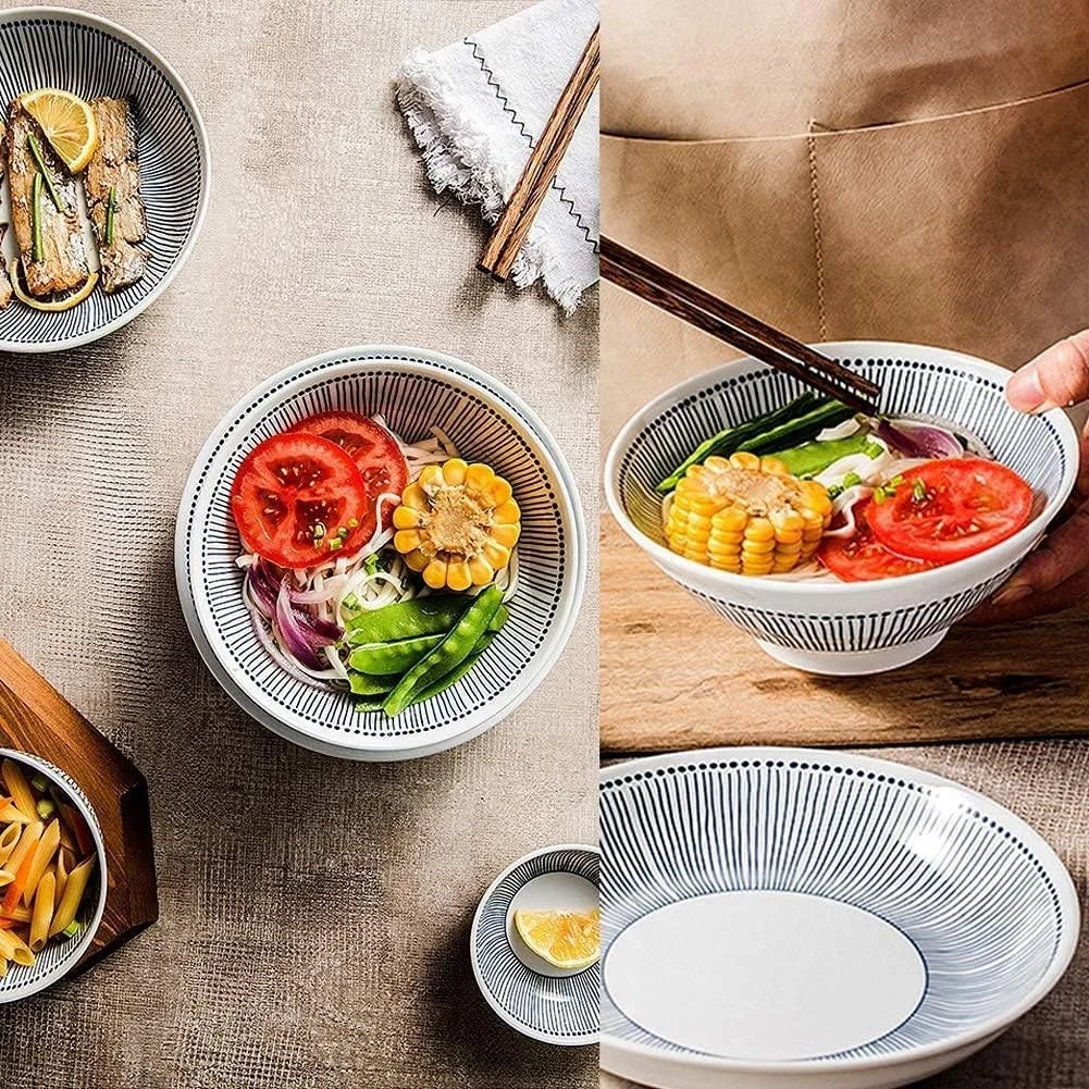 ست ظروف غذاخوری شیک و ظریف، ست ظروف چینی سفید با خطوط راه راه آبی، ست بشقاب و کاسه سرامیکی، ست ظروف منحصر به فرد برای مهمانی ها یا استفاده روزمره، سرویس ست ظروف غذاخوری شیک و ظریف، ست ظروف چینی سفید با خطوط راه راه آبی، ست بشقاب و کاسه سرامیکی، ست ظروف منحصر به فرد برای مهمانی ها یا استفاده روزمره، سرویس