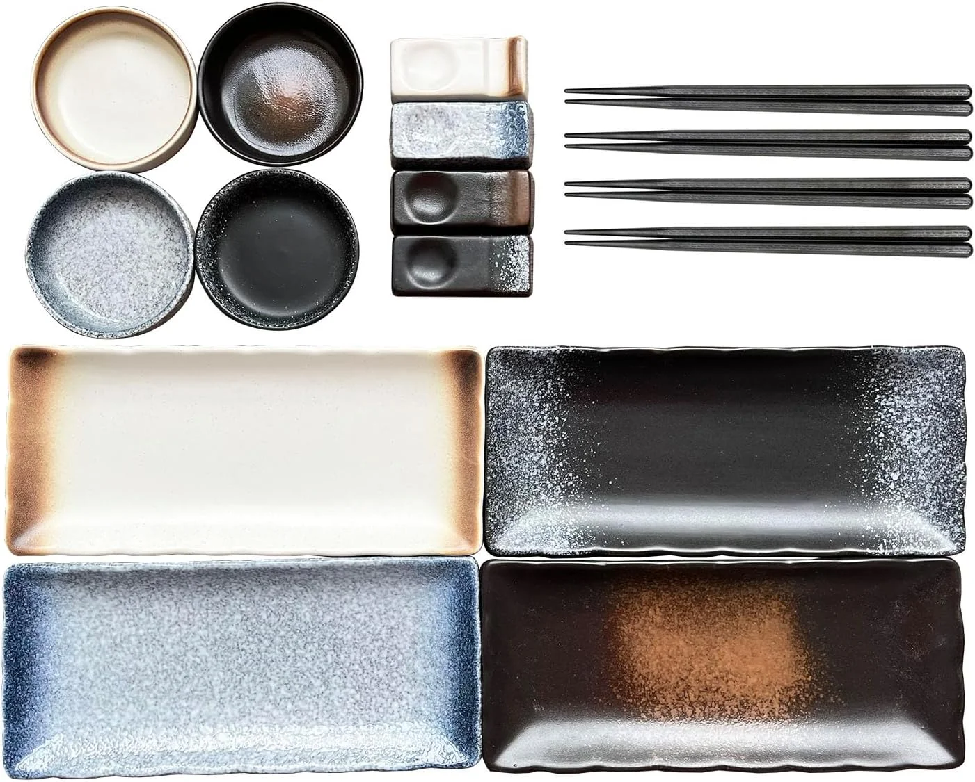 ست 16 تکه بشقاب سوشی FYUEROPA با ظرف سس، چاپستیک و نگهدارنده چاپستیک، سینی سرو مستطیلی سرامیکی، ظروف سوشی، ست ظروف غذاخوری ژاپنی ست 16 تکه بشقاب سوشی FYUEROPA با ظرف سس، چاپستیک و نگهدارنده چاپستیک، سینی سرو مستطیلی سرامیکی، ظروف سوشی، ست ظروف غذاخوری ژاپنی