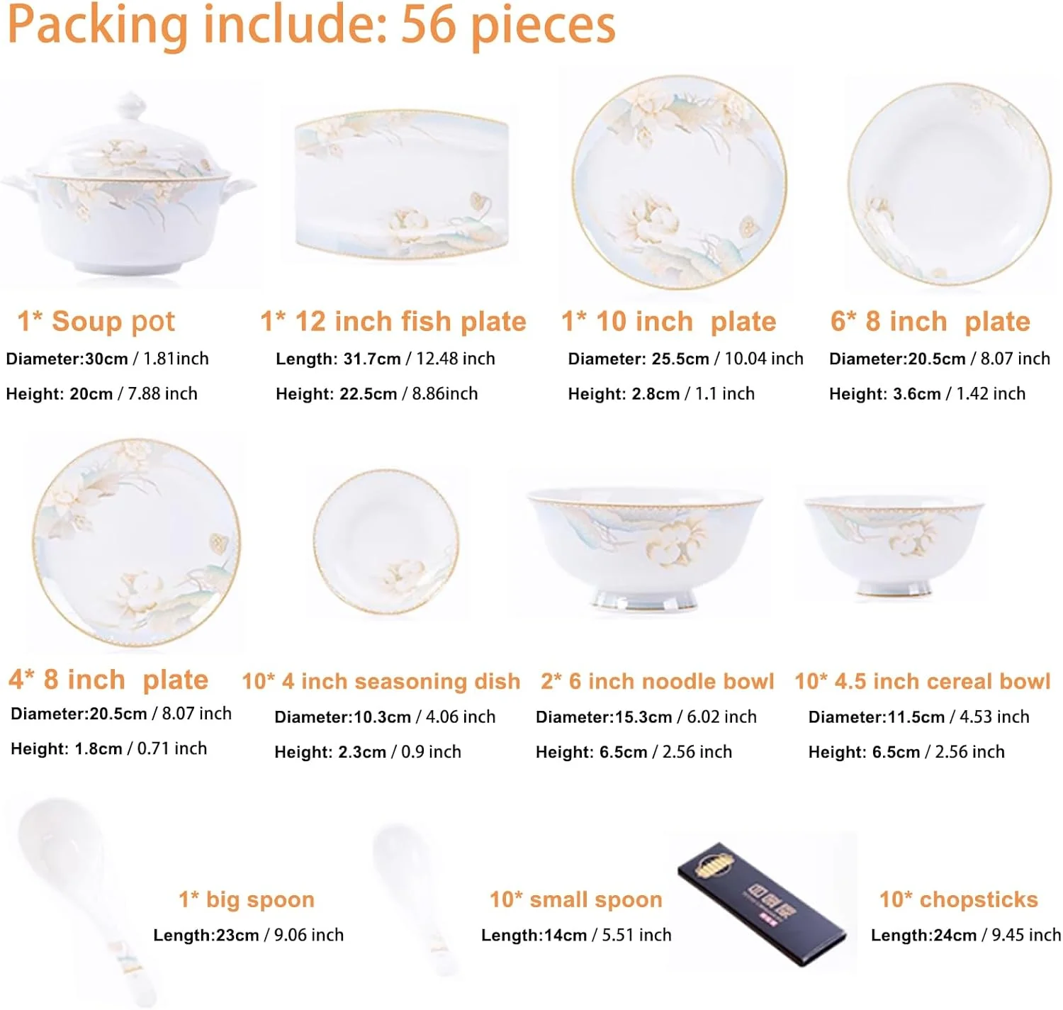 سرویس غذاخوری 56 پارچه FOTN، ظروف آشپزخانه چینی مدرن لوکس، شامل بشقاب، کاسه برنج، قاشق، چاپستیک، دیس ماهی و قابلمه سوپ برای 10 نفر، مناسب مهمانی خانوادگی و دوستانه سرویس غذاخوری 56 پارچه FOTN، ظروف آشپزخانه چینی مدرن لوکس، شامل بشقاب، کاسه برنج، قاشق، چاپستیک، دیس ماهی و قابلمه سوپ برای 10 نفر، مناسب مهمانی خانوادگی و دوستانه