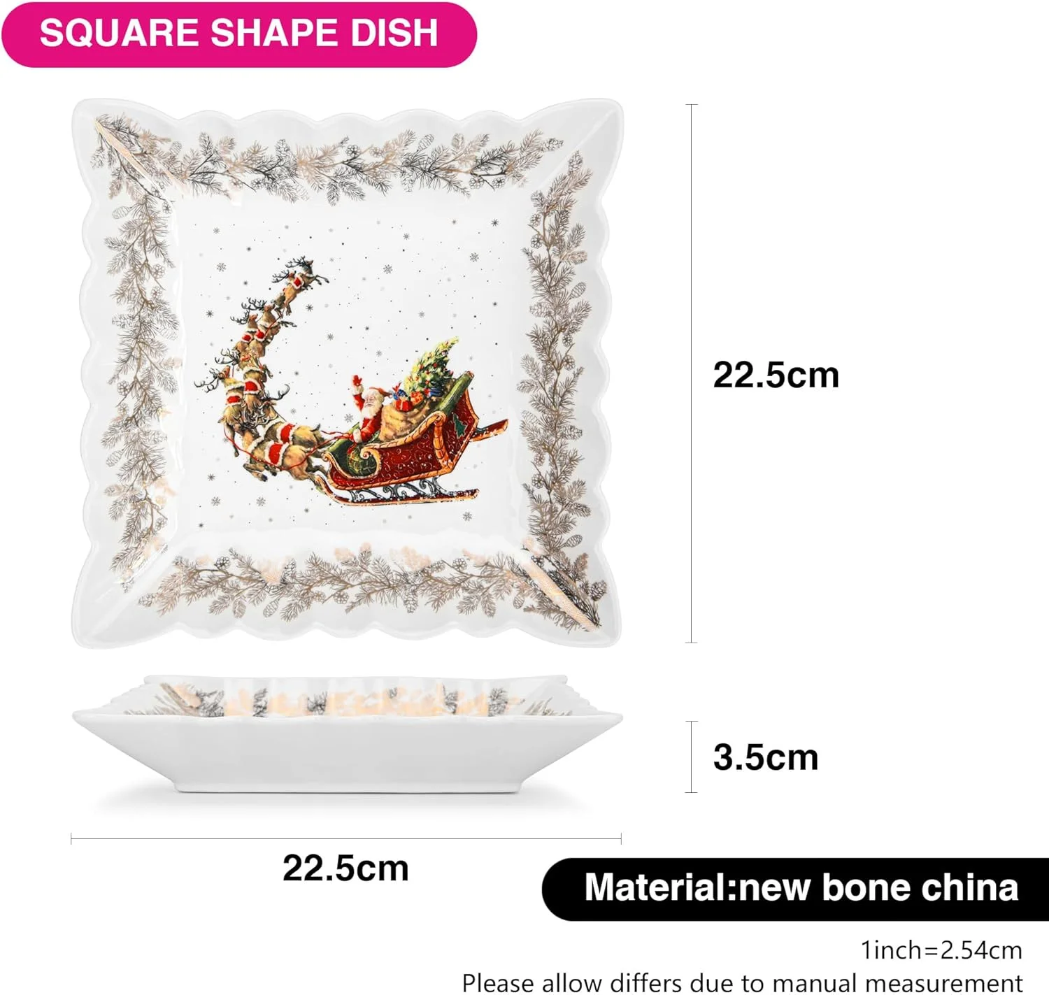 ظرف سرو مربع شکل فیسمن 22.5 سانتی متر، ظرف سرو چینی با طرح کریسمس، طراحی زیبا، مخصوص فصل کریسمس ظرف سرو مربع شکل فیسمن 22.5 سانتی متر، ظرف سرو چینی با طرح کریسمس، طراحی زیبا، مخصوص فصل کریسمس