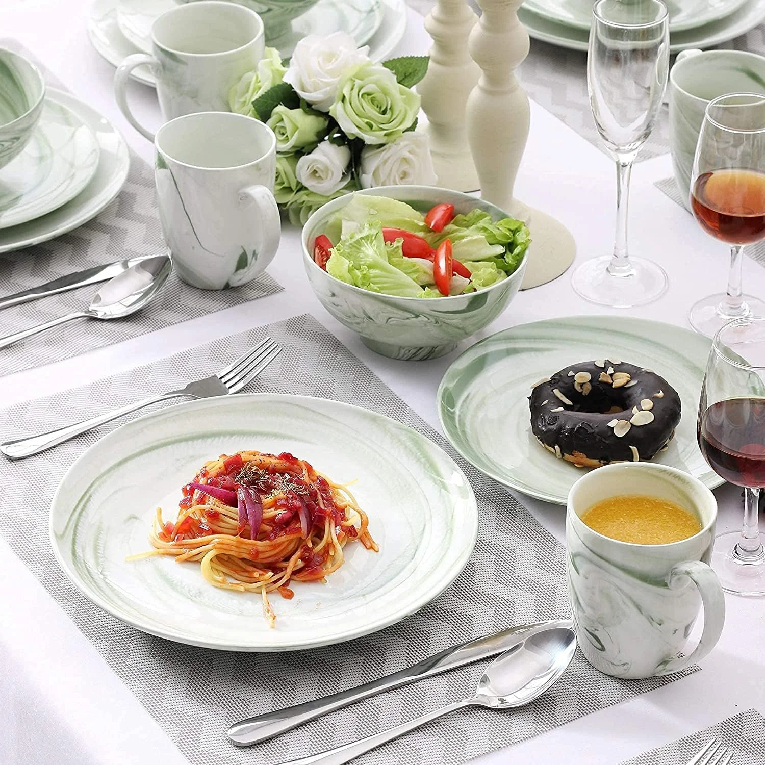 سرویس ظروف غذاخوری GFSuwqj - سرویس لوکس ظروف، ست 32 تکه ظروف غذاخوری سرامیکی چینی با طرح سبز شامل 8 بشقاب غذاخوری، بشقاب دسر، کاسه، لیوان سرویس ظروف غذاخوری GFSuwqj - سرویس لوکس ظروف، ست 32 تکه ظروف غذاخوری سرامیکی چینی با طرح سبز شامل 8 بشقاب غذاخوری، بشقاب دسر، کاسه، لیوان