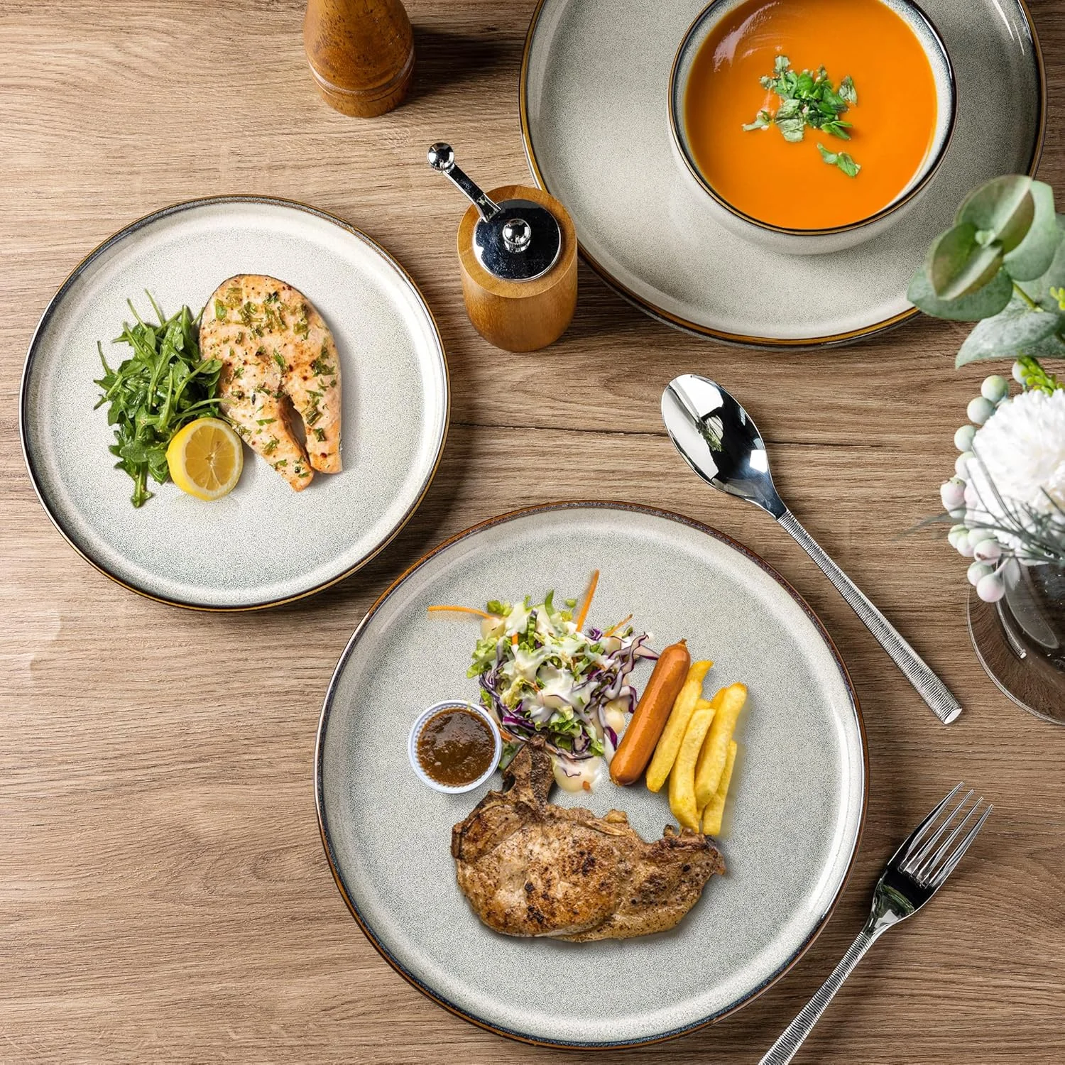 سرویس ظروف غذاخوری سرامیکی GBHOME برای 6 نفر، 18 تکه بشقاب و کاسه سنگی، ظروف با لعاب واکنشگرا - مقاوم در برابر خراش، قابل شستشو در ماشین ظرفشویی و استفاده در مایکروویو، گندمی سبز سرویس ظروف غذاخوری سرامیکی GBHOME برای 6 نفر، 18 تکه بشقاب و کاسه سنگی، ظروف با لعاب واکنشگرا - مقاوم در برابر خراش، قابل شستشو در ماشین ظرفشویی و استفاده در مایکروویو، گندمی سبز