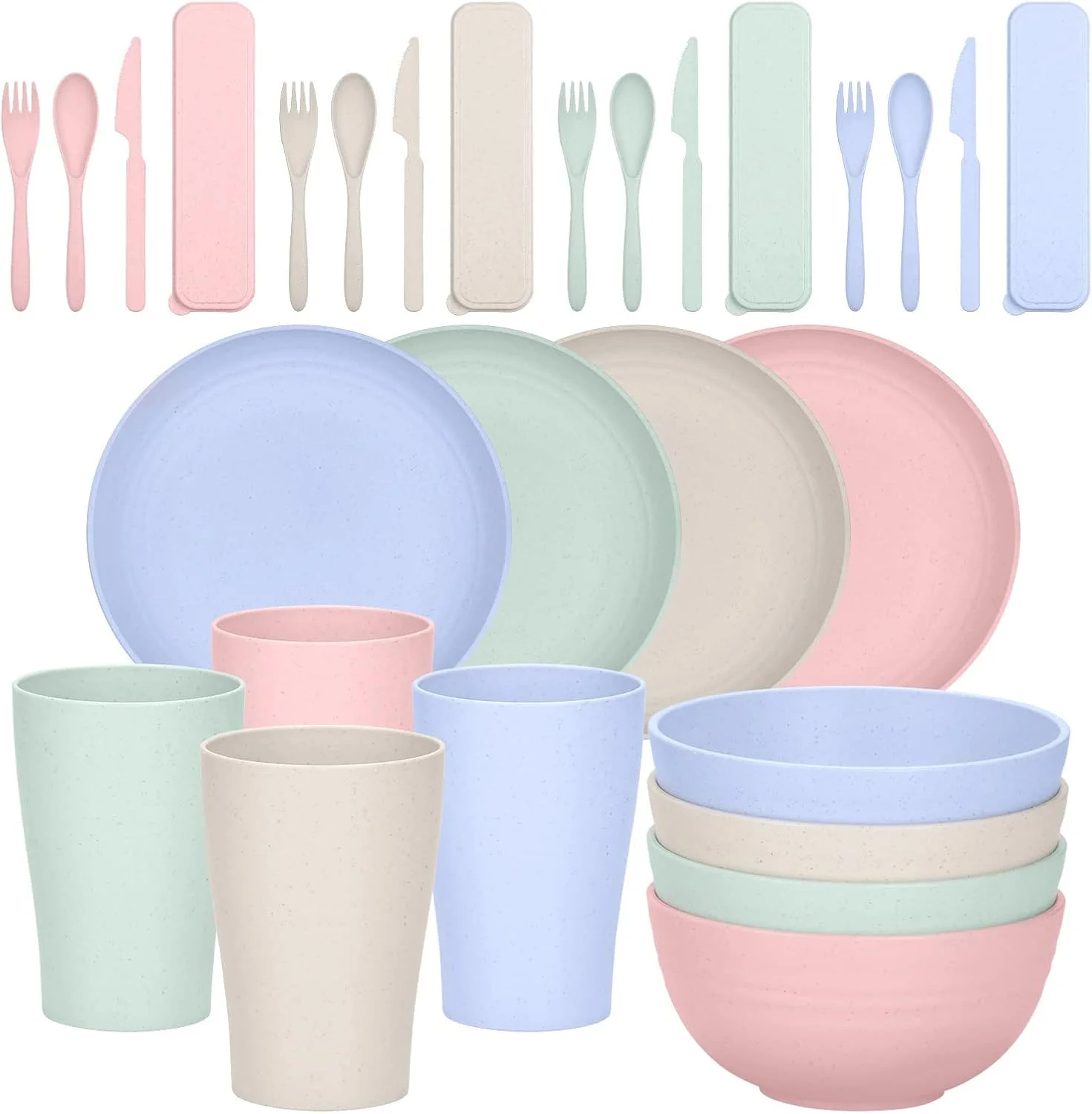 ست ظروف غذاخوری پلاستیکی 28 تکه نشکن KASTWAVE - ست غذاخوری سبک، رنگارنگ و بادوام برای کمپینگ، پیک نیک و موارد دیگر ست ظروف غذاخوری پلاستیکی 28 تکه نشکن KASTWAVE - ست غذاخوری سبک، رنگارنگ و بادوام برای کمپینگ، پیک نیک و موارد دیگر