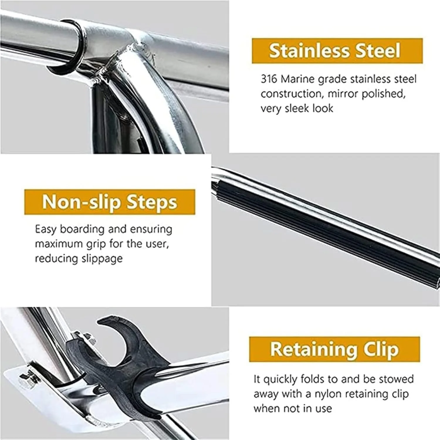 نردبان استخری فولادی ضد زنگ UVWXYZC ECBETCR با پله پهن و دسته، نردبان تلسکوپی قایق 4 پله تاشو، نردبان تلسکوپی اسکله برای قایق تفریحی دریایی، قایق بادبانی، کایاک، نقره ای