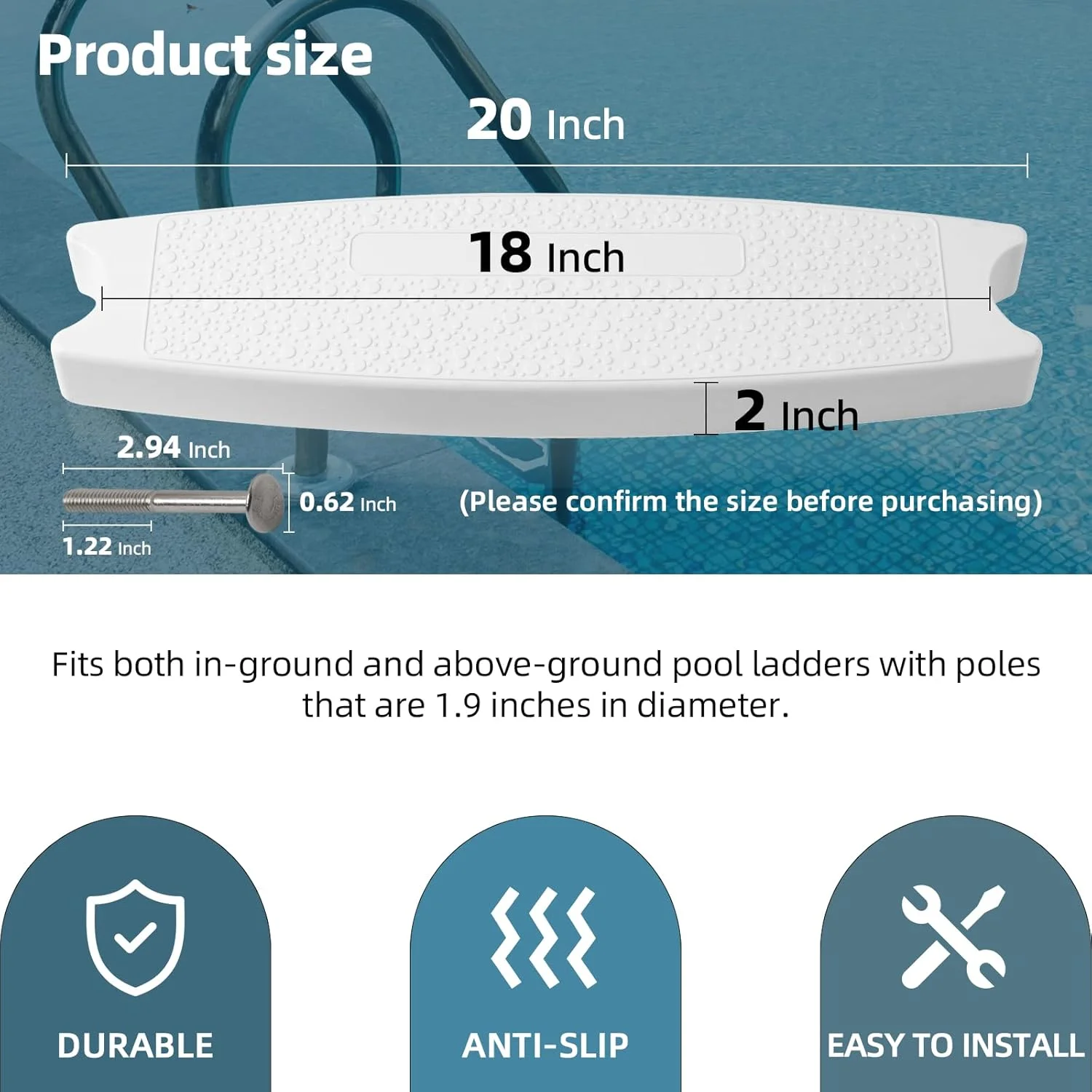 تونگاس (بسته 3 عددی) پله نردبان استخر پلاستیکی قالبگیری شده سنگین 18 اینچی جهانی با پیچ و مهرههای استیل ضد زنگ سفید تونگاس (بسته 3 عددی) پله نردبان استخر پلاستیکی قالبگیری شده سنگین 18 اینچی جهانی با پیچ و مهرههای استیل ضد زنگ سفید