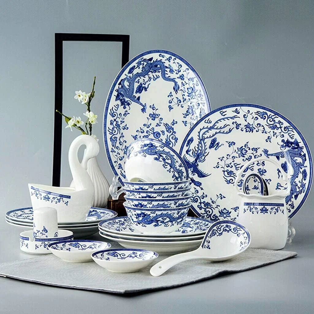 سرویس ظروف غذاخوری سرامیکی کلاسیک GYZPZHZX با 50 تکه، کاسه/قابلمه/بشقاب/قاشق | سرویس غذاخوری چینی استخوانی، ست ترکیبی چینی آبی و سفید سرویس ظروف غذاخوری سرامیکی کلاسیک GYZPZHZX با 50 تکه، کاسه/قابلمه/بشقاب/قاشق | سرویس غذاخوری چینی استخوانی، ست ترکیبی چینی آبی و سفید