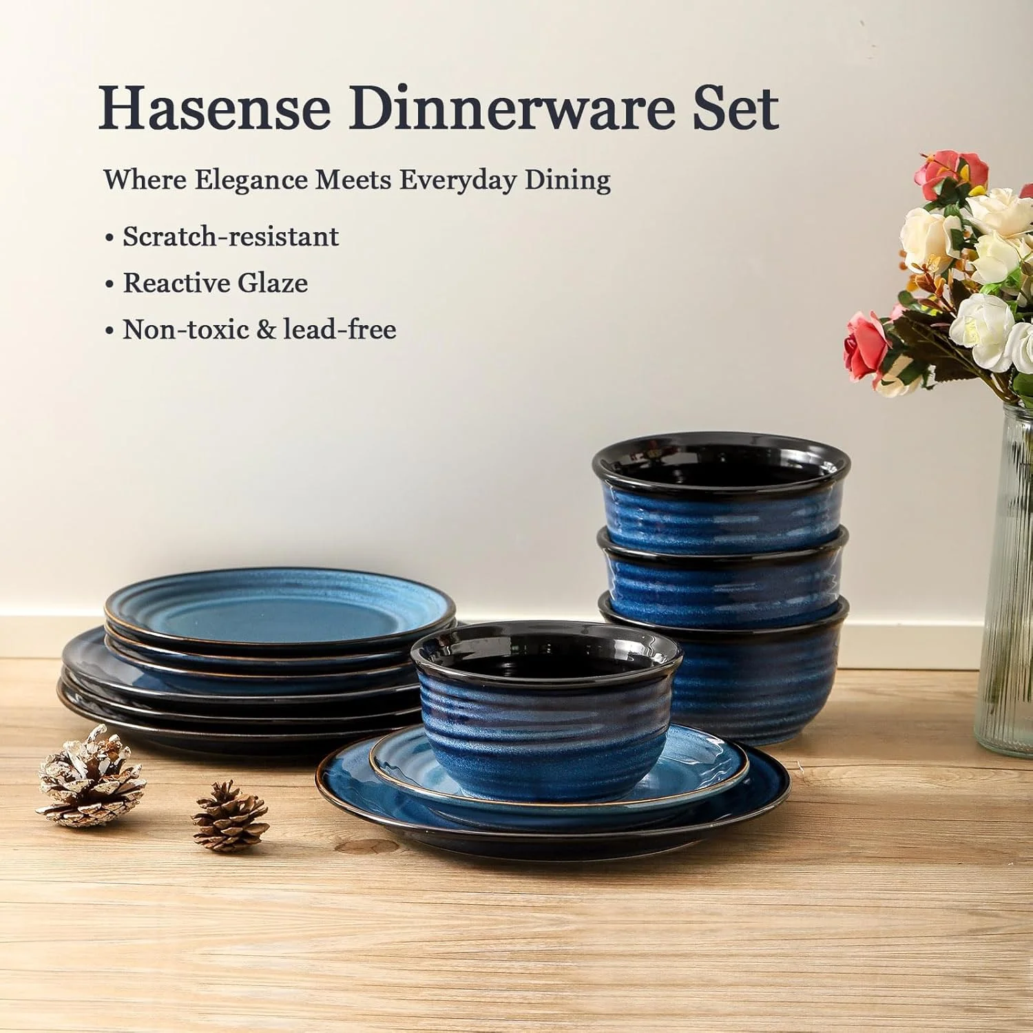 ست بشقاب و کاسه Hasense، ست ظروف غذاخوری 12 تکه سرامیکی با لعاب واکنش پذیر، سرویس ظروف غذاخوری مقاوم در برابر خراش و لب پریدگی، ظروف سرو دست ساز، آبی ست بشقاب و کاسه Hasense، ست ظروف غذاخوری 12 تکه سرامیکی با لعاب واکنش پذیر، سرویس ظروف غذاخوری مقاوم در برابر خراش و لب پریدگی، ظروف سرو دست ساز، آبی