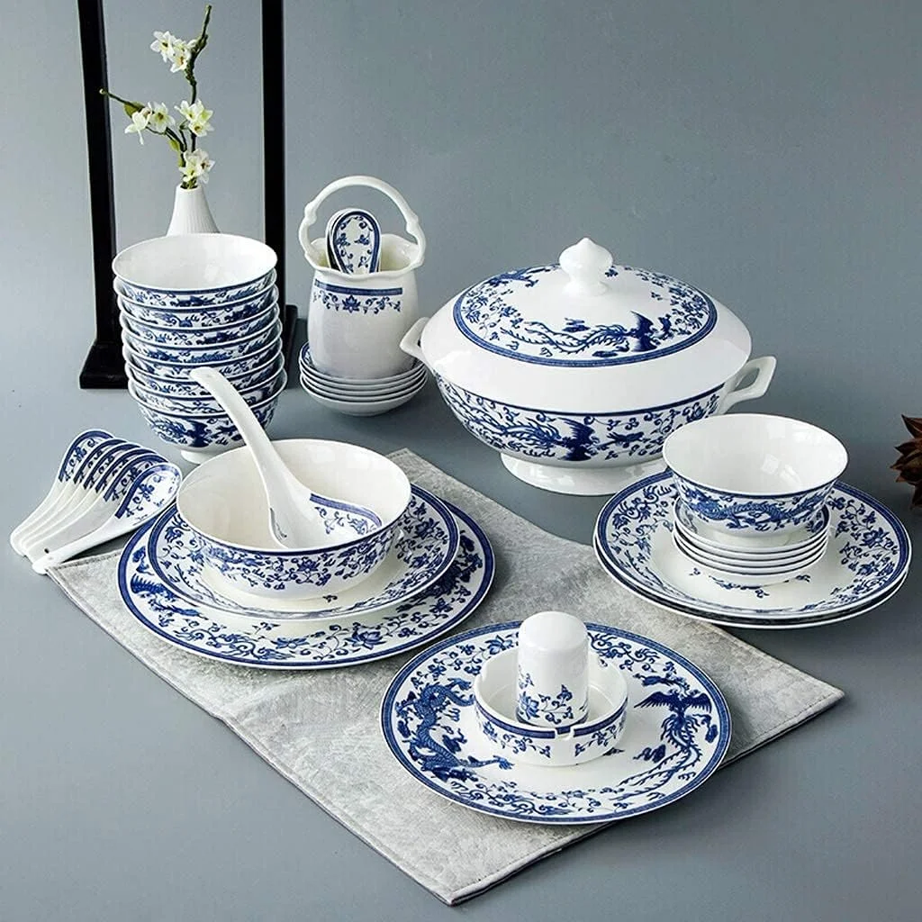 سرویس ظروف غذاخوری سرامیکی کلاسیک GYZPZHZX با 50 تکه، کاسه/قابلمه/بشقاب/قاشق | سرویس غذاخوری چینی استخوانی، ست ترکیبی چینی آبی و سفید سرویس ظروف غذاخوری سرامیکی کلاسیک GYZPZHZX با 50 تکه، کاسه/قابلمه/بشقاب/قاشق | سرویس غذاخوری چینی استخوانی، ست ترکیبی چینی آبی و سفید