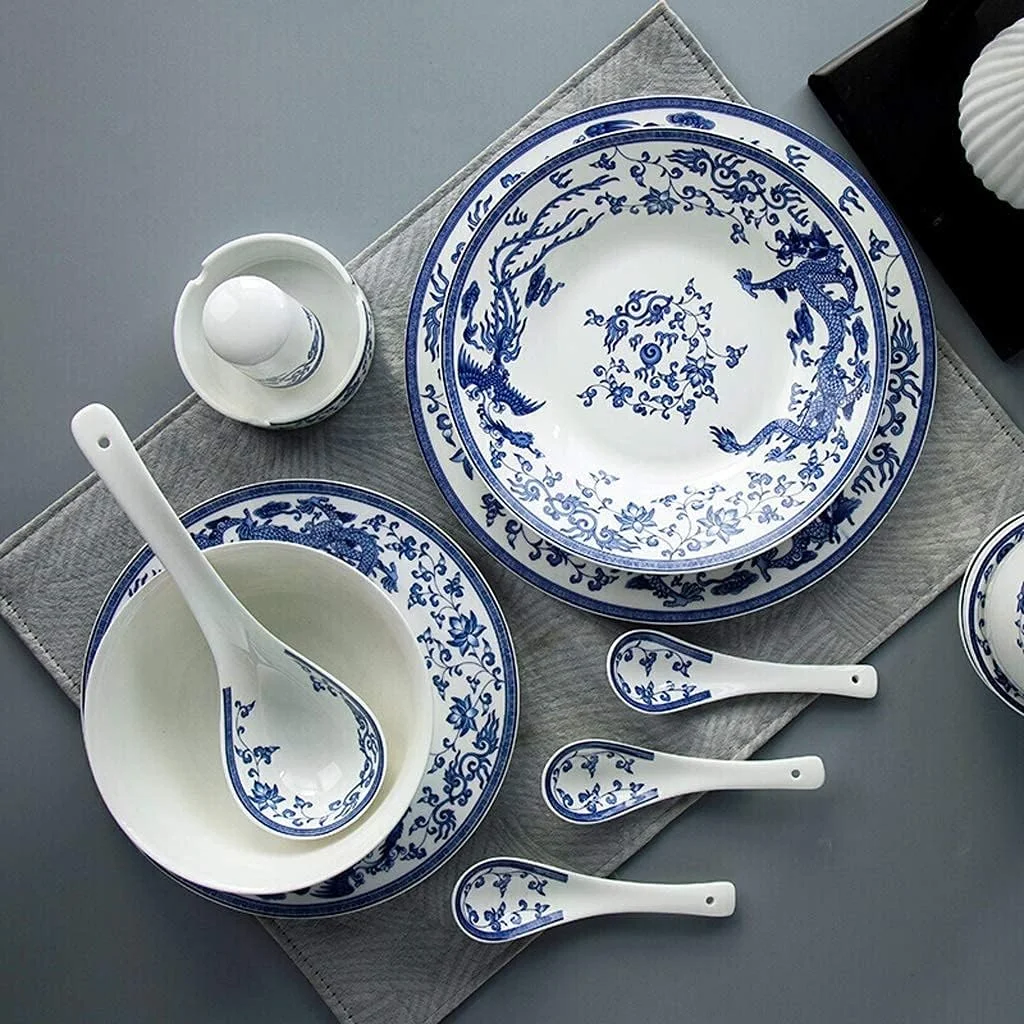 سرویس ظروف غذاخوری سرامیکی کلاسیک GYZPZHZX با 50 تکه، کاسه/قابلمه/بشقاب/قاشق | سرویس غذاخوری چینی استخوانی، ست ترکیبی چینی آبی و سفید سرویس ظروف غذاخوری سرامیکی کلاسیک GYZPZHZX با 50 تکه، کاسه/قابلمه/بشقاب/قاشق | سرویس غذاخوری چینی استخوانی، ست ترکیبی چینی آبی و سفید