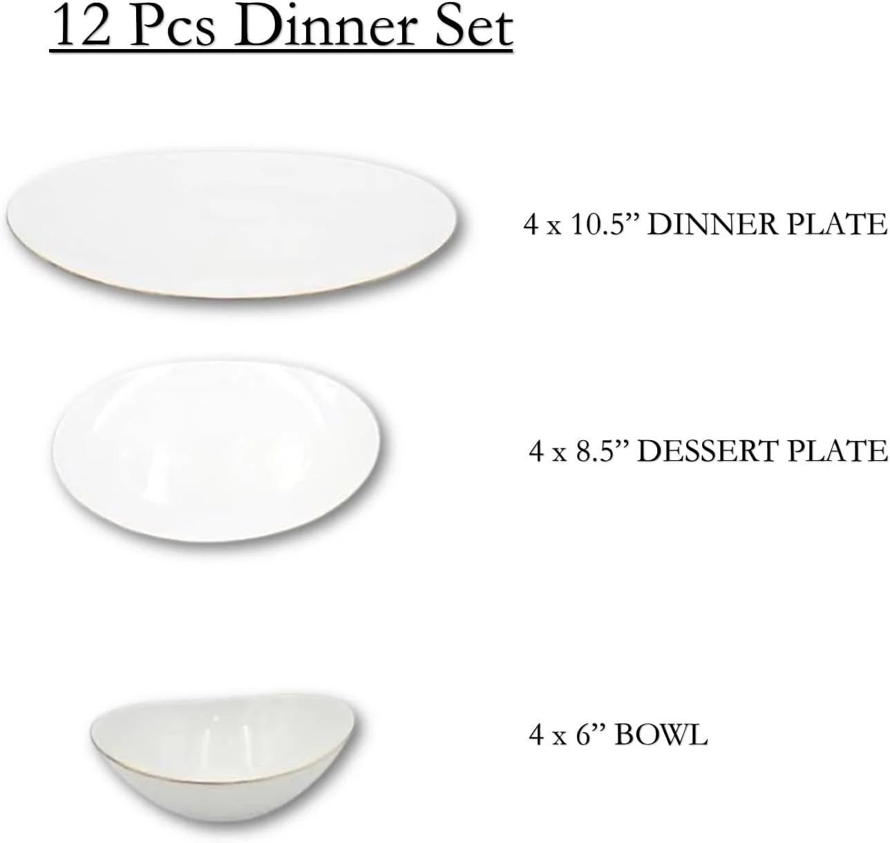 سرویس غذاخوری 12 پارچه حوضی با خط طلایی، جنس اوپال شامل 4 بشقاب غذاخوری، 4 بشقاب دسرخوری، 4 کاسه، قابل شستشو در ماشین ظرفشویی، قابل استفاده در مایکروویو و فریزر، فاقد BPA