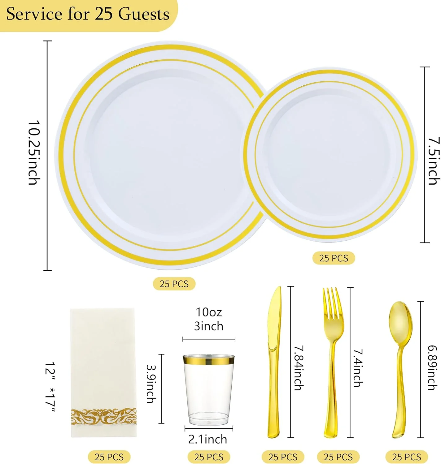 ست ظروف طلایی 175 تکه ISFANGCO برای 25 مهمان، بشقاب های پلاستیکی سفید ضخیم یکبار مصرف با حاشیه طلایی برای مهمانی عروسی شامل 25 بشقاب غذاخوری، بشقاب دسر، ست کارد و چنگال، فنجان، دستمال سفره