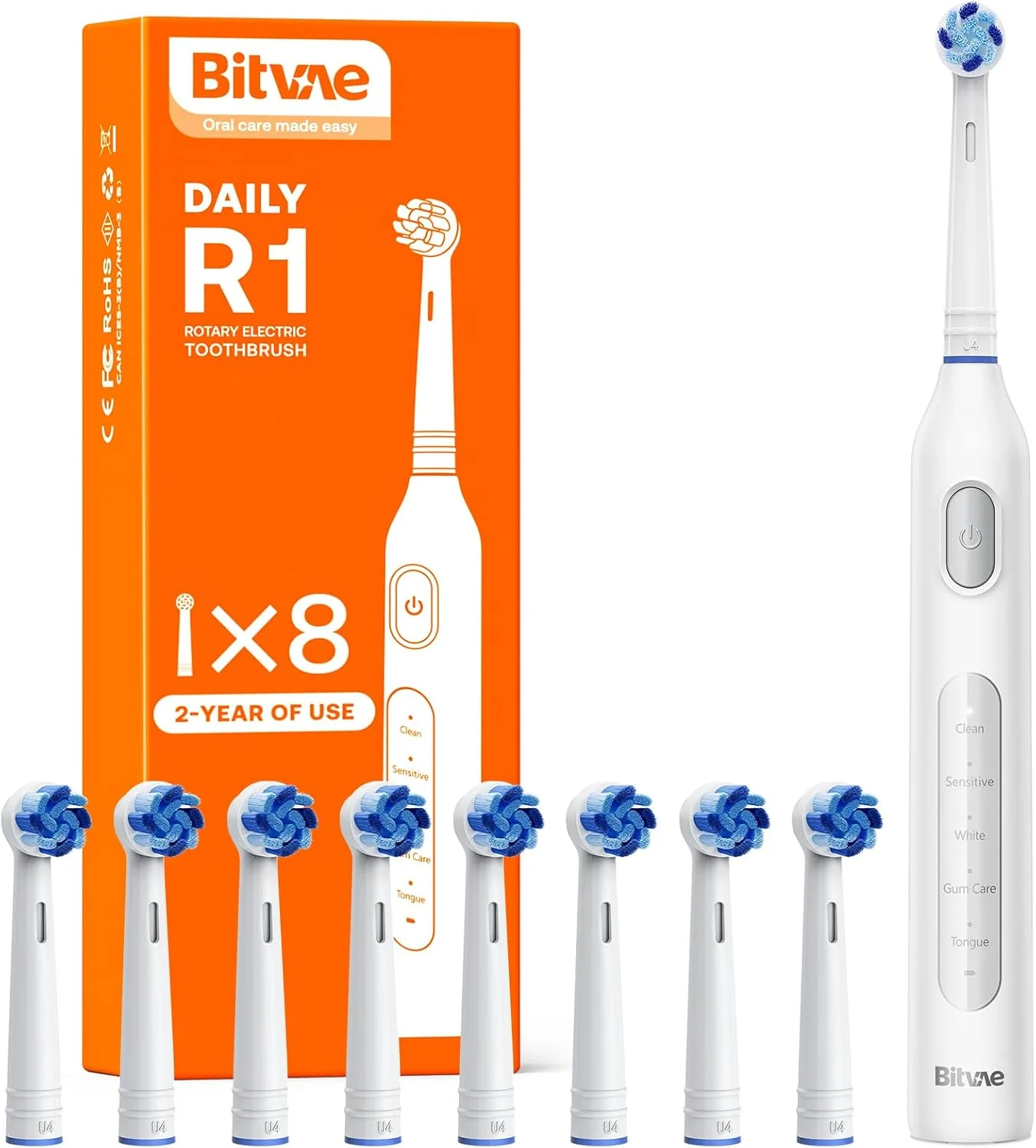 مسواک برقی چرخشی Bitvae R1 برای بزرگسالان و کودکان با عمر باتری 60 روزه، 8 سری مسواک قابل شارژ، 5 حالت، تایمر مسواک زدن، سفید