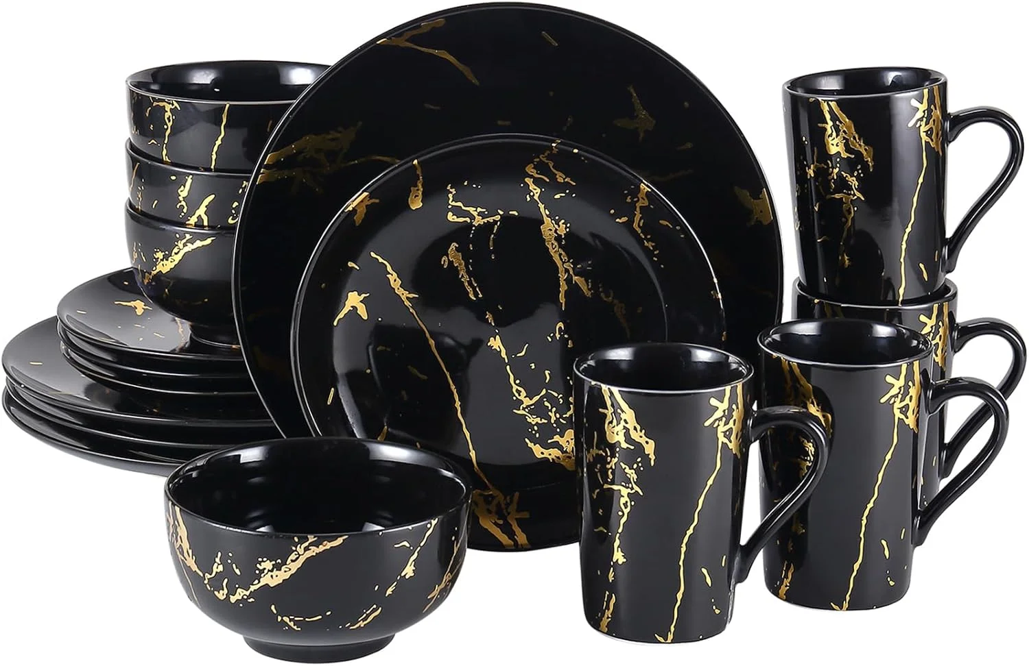 سرویس غذاخوری ۱۶ پارچه چینی مشکی مدرن Loymokinar، ست بشقاب و کاسه، ست ظروف طلایی برای ۴ نفر، ست ظروف غذاخوری مشکی، ست غذاخوری با بشقاب های غذاخوری