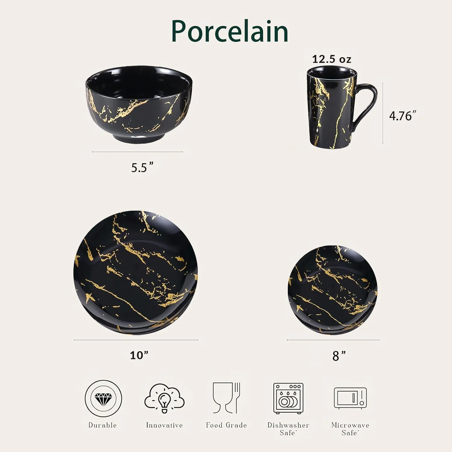 سرویس غذاخوری ۱۶ پارچه چینی مشکی مدرن Loymokinar، ست بشقاب و کاسه، ست ظروف طلایی برای ۴ نفر، ست ظروف غذاخوری مشکی، ست غذاخوری با بشقاب های غذاخوری