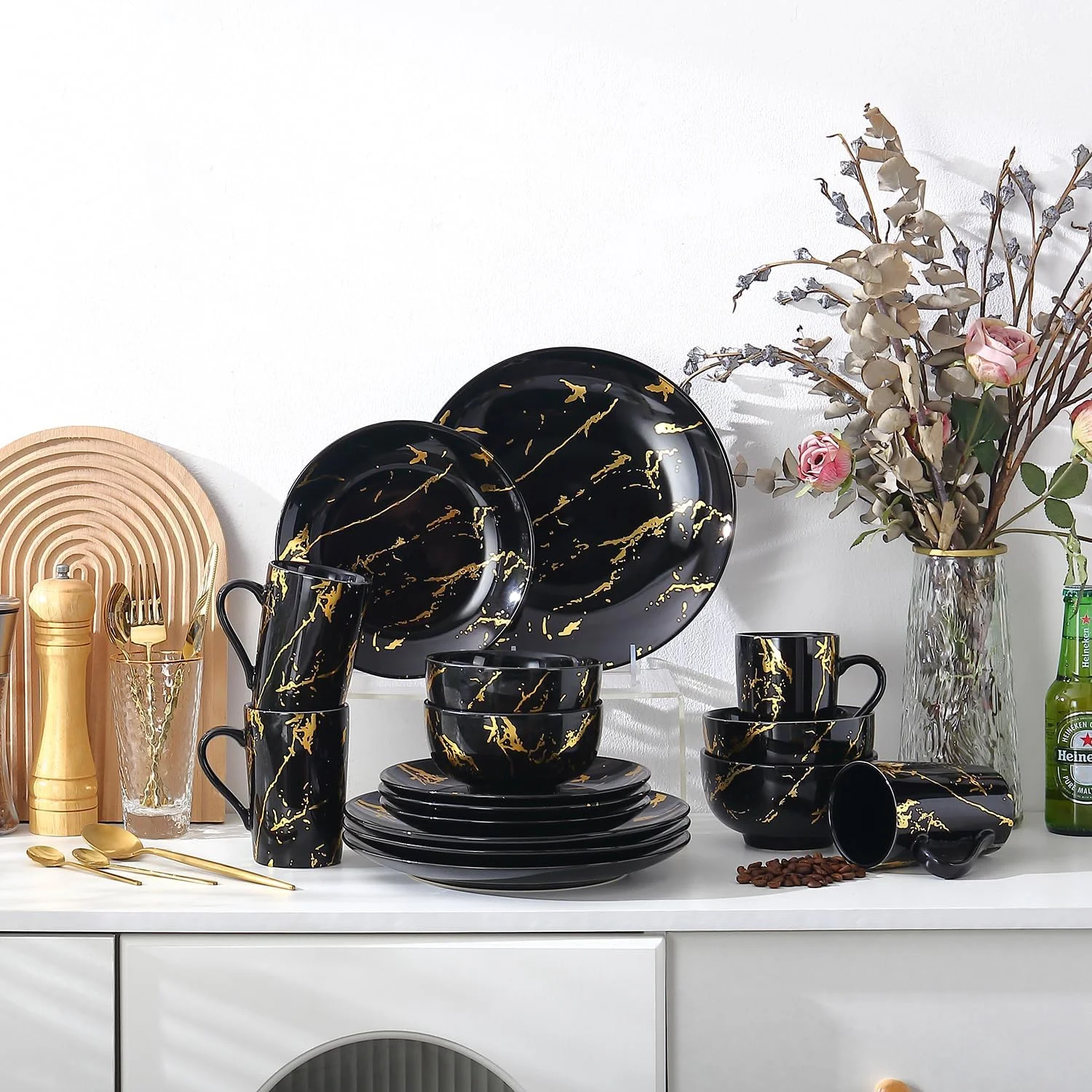 سرویس غذاخوری ۱۶ پارچه چینی مشکی مدرن Loymokinar، ست بشقاب و کاسه، ست ظروف طلایی برای ۴ نفر، ست ظروف غذاخوری مشکی، ست غذاخوری با بشقاب های غذاخوری