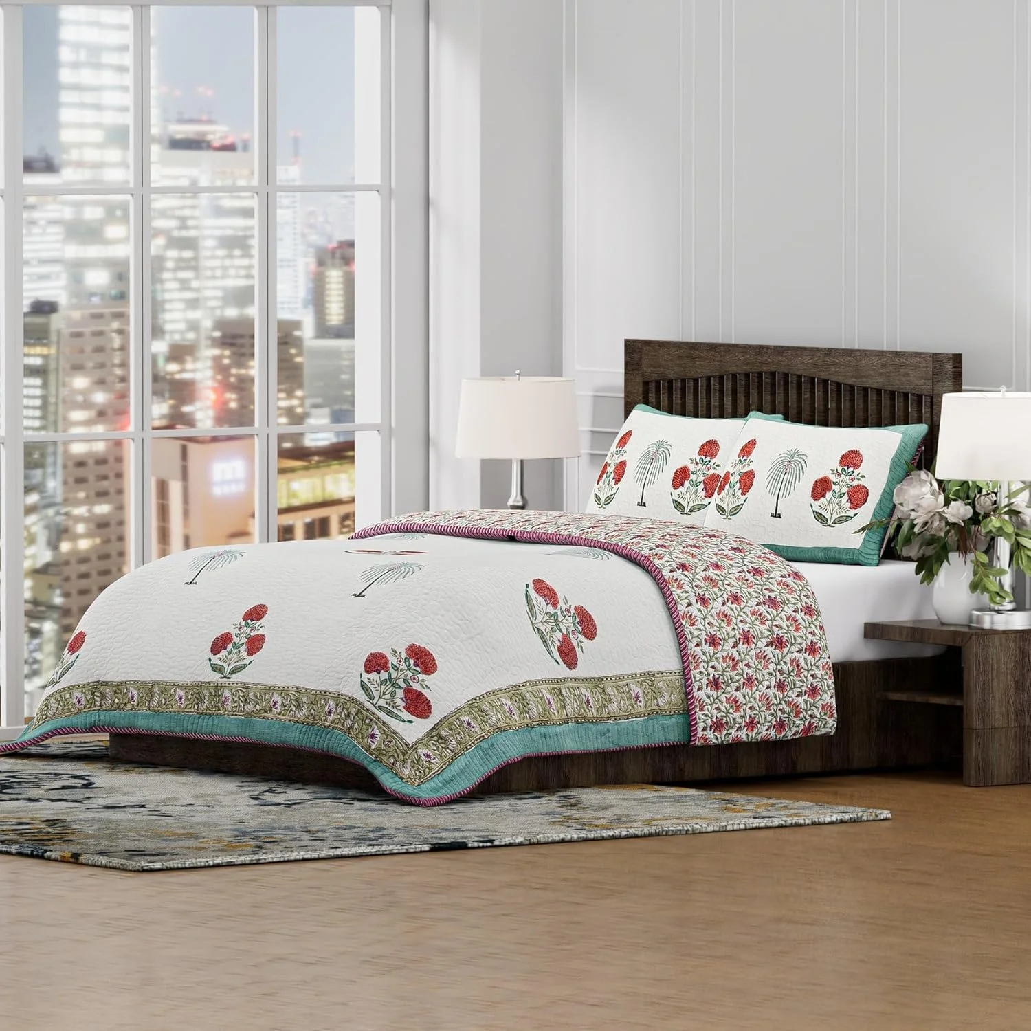 ست لحاف دو نفره ریدی - لحاف چاپی سبک وزن تابستانی - سایز روتختی قرمز و سبز - رو تختی مناسب تمام فصول شامل 1 لحاف، 1 رو بالشتی