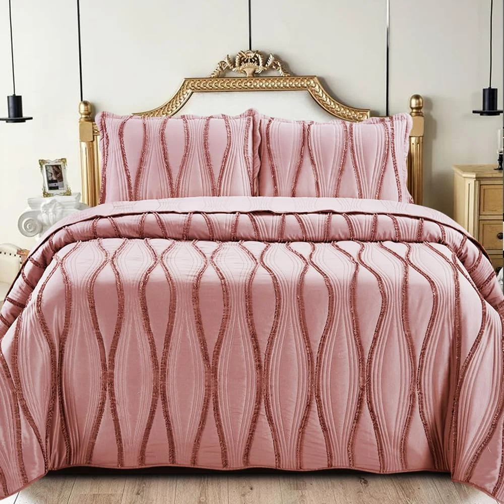 رو تختی لحافی Rugs Inn سایز دو نفره، دکور تخت خواب، ست روتختی - ست روتختی سه تکه، سبک، طرح دار، نرم و راحت - صورتی