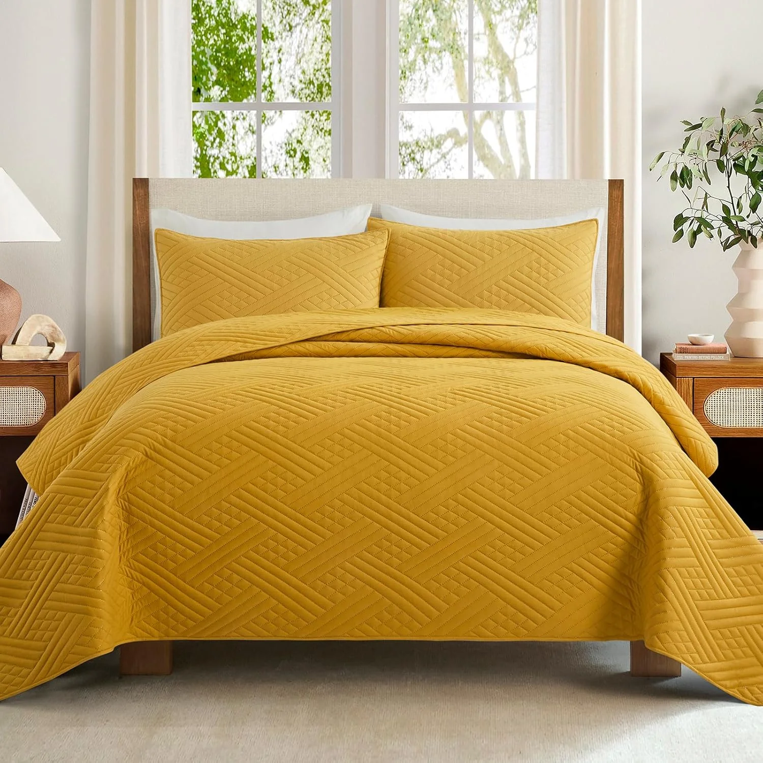 روتختی لحافی سافونوری سایز کینگ (270x244 سانتی متر، زرد خردلی) - ست کاور لحافی فوق العاده نرم و سبک وزن میکروفایبر برجسته التراسونیک مناسب فصل تابستان برای تخت کینگ - ست روتختی 3 تکه (1 لحاف، 2 روبالشی)