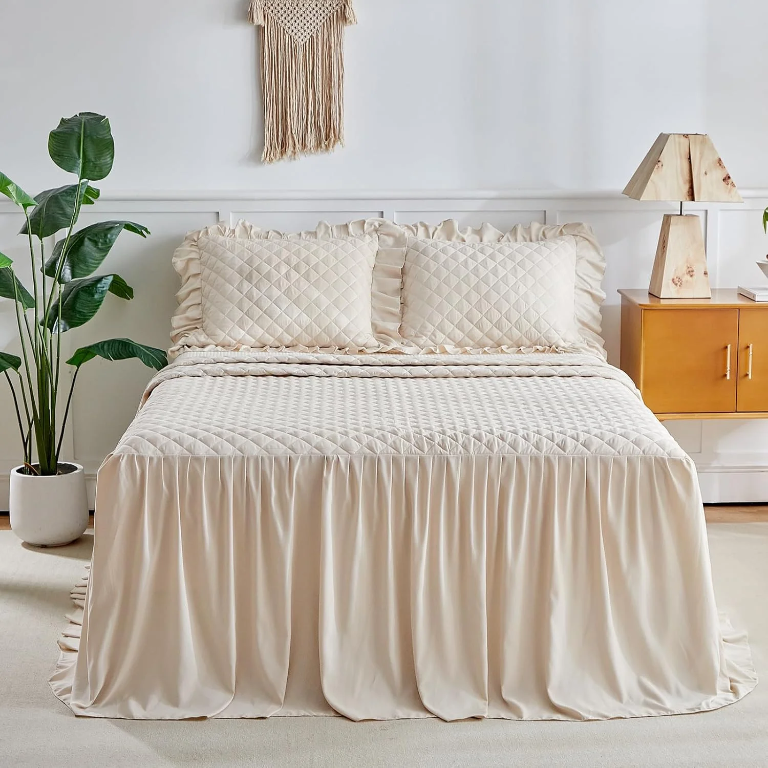 ست روتختی دامن چین دار - افتادگی 30 اینچی - رو تختی چین دار شیک و قدیمی به رنگ کرم سفید مناسب تابستان، لحاف، روتختی بوهو، سبک خانه روستایی، سبک وزن، لوکس و روستایی، ست 3 تکه سایز کوئین بژ